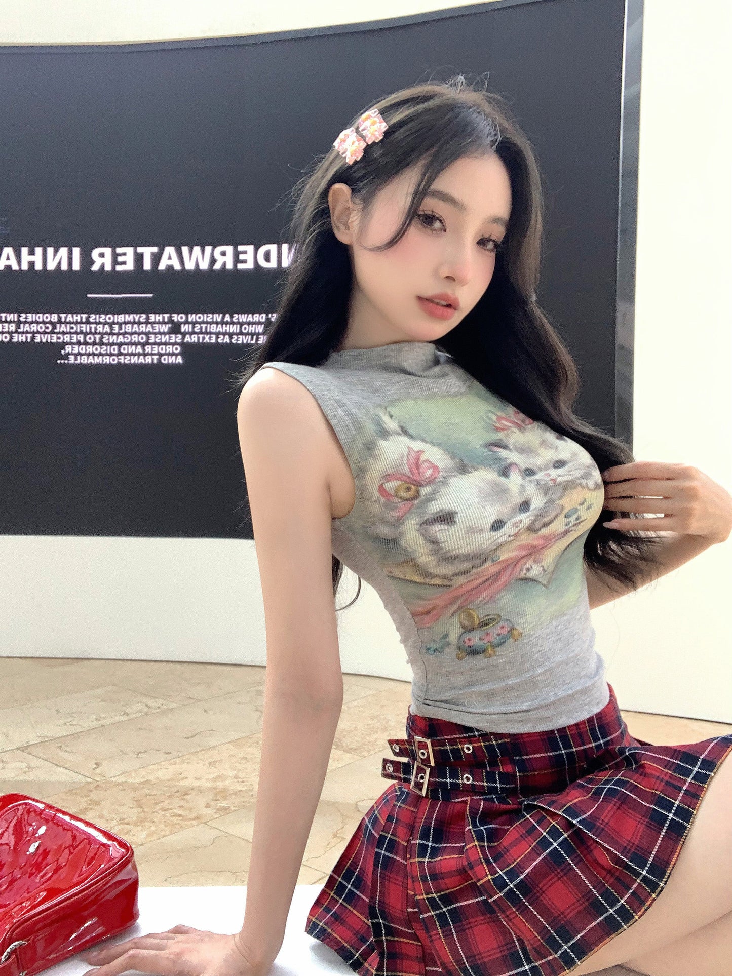 Antmvs Willa Solid Color Graphic Cat Image Print Slim Summer Cropped Top