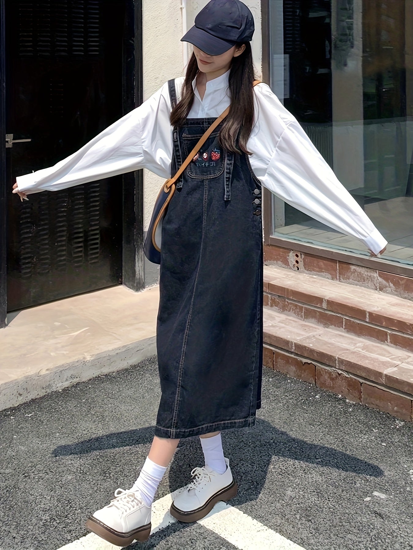 Antmvs Blue Loose Fit Denim Overall Dress, Non-Stretch Side Single Breasted Button Cute Denim Overall Dress, Women's Denim Clothing