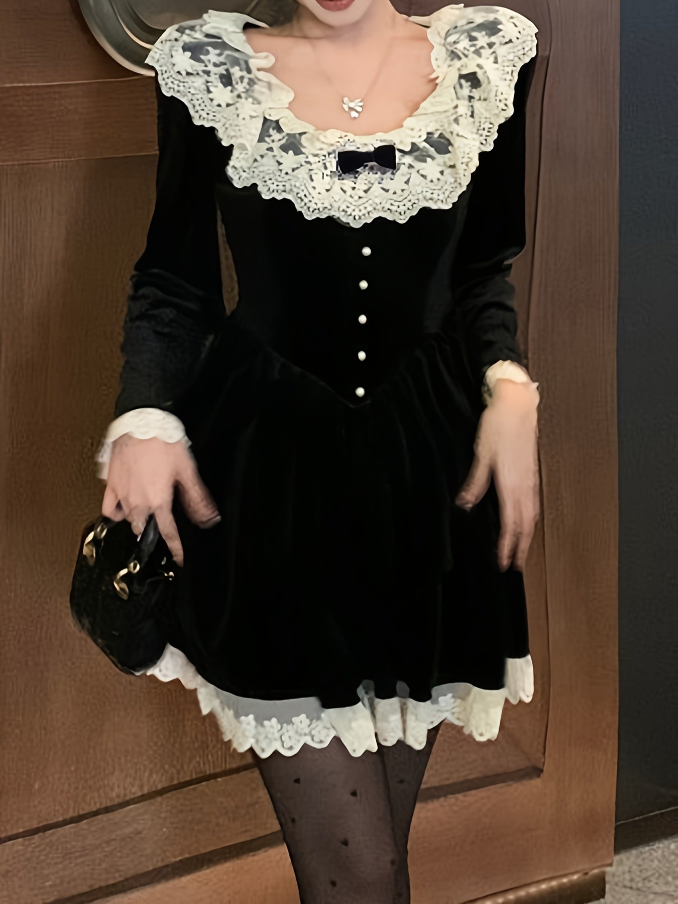 Antmvs Contrast Trim Lace Splicing Velvet Dress, Sweet Button Front Bow Decor Dress For Spring & Fall, Women's Clothing