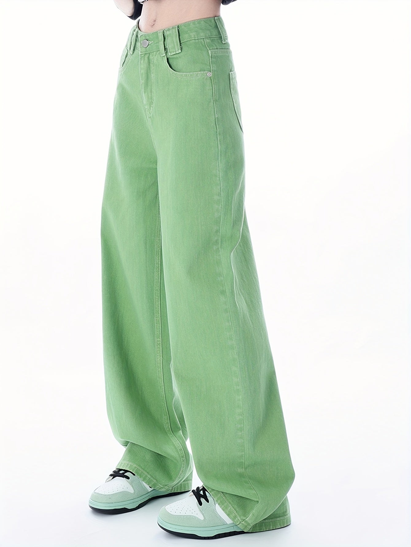 Antmvs Green Loose Fit Straight Jeans, Non-Stretch Slant Pockets Casual Wide Legs Jeans, Women's Denim Jeans & Clothing