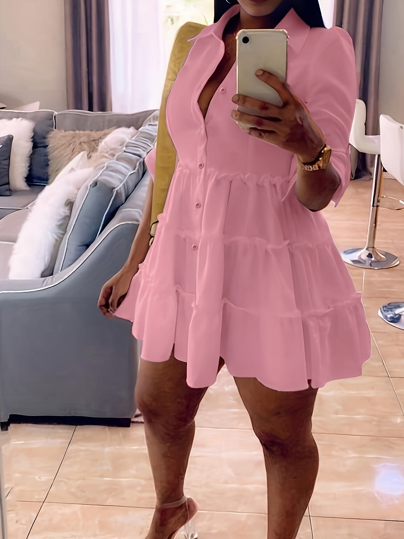 Antmvs Ruffle Layered Hem Shirt Dress, Casual Button Dress For Spring & Summer, Women's Clothing