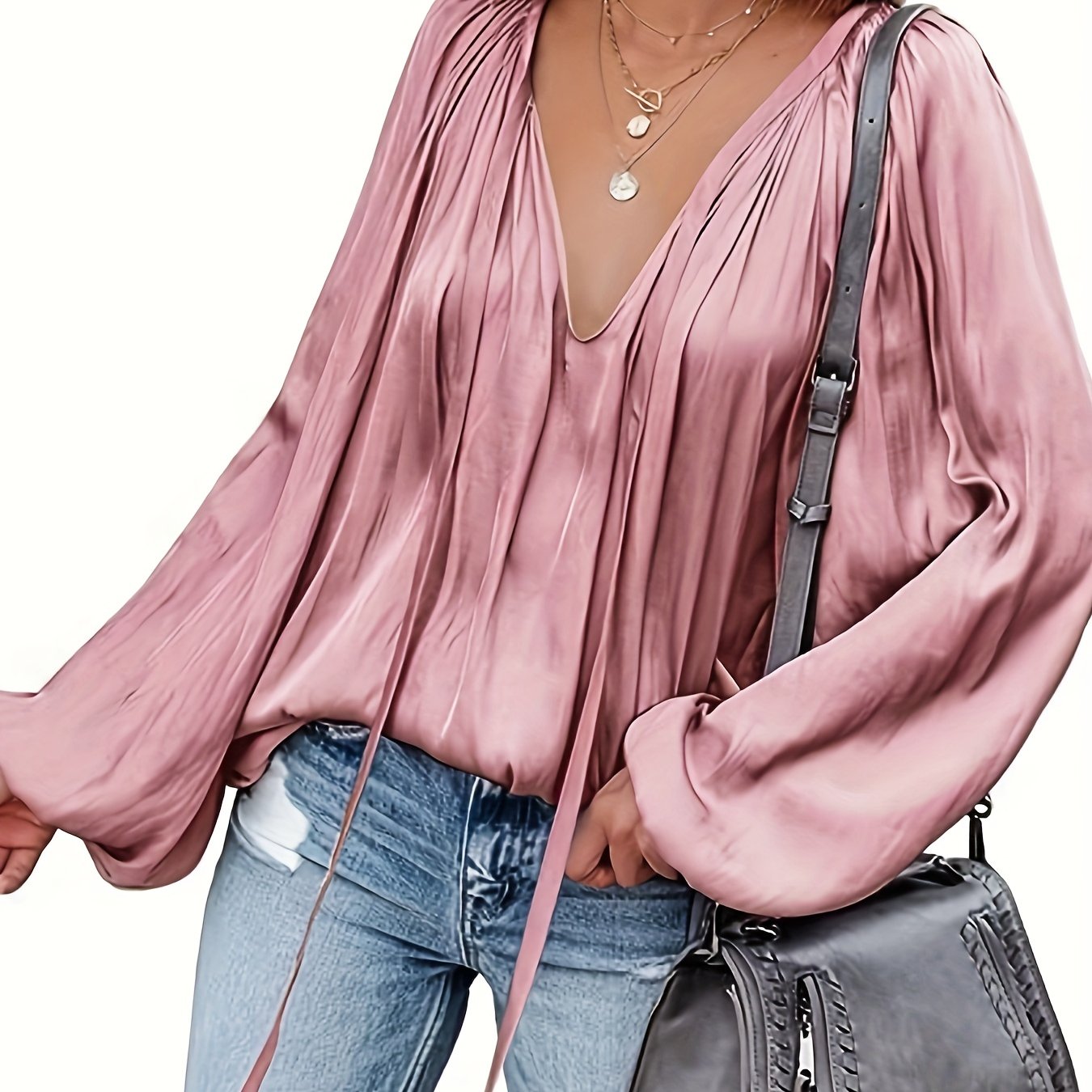 Antmvs Lantern Long Sleeve Satin Blouse, Elegant V Neck Tops For Spring & Summer, Women's Clothing