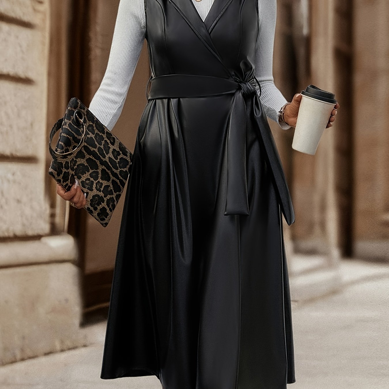 Antmvs Solid Lapel Belted Dress, Elegant Faux Leather Sleeveless Dress, Women's Clothing