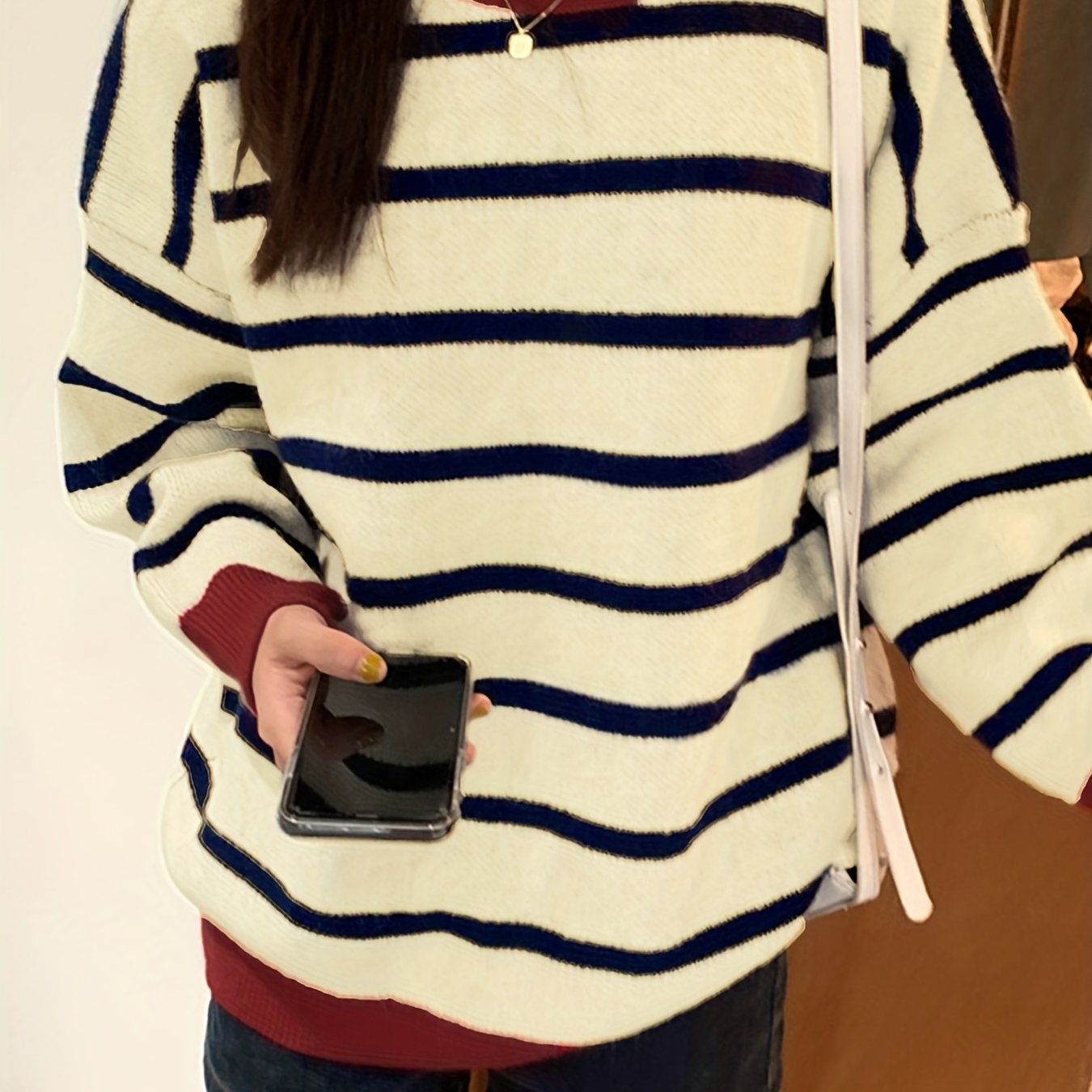 Antmvs Color Block Striped Pullover Sweater, Casual Long Sleeve Crew Neck Sweater For Fall & Winter, Women's Clothing