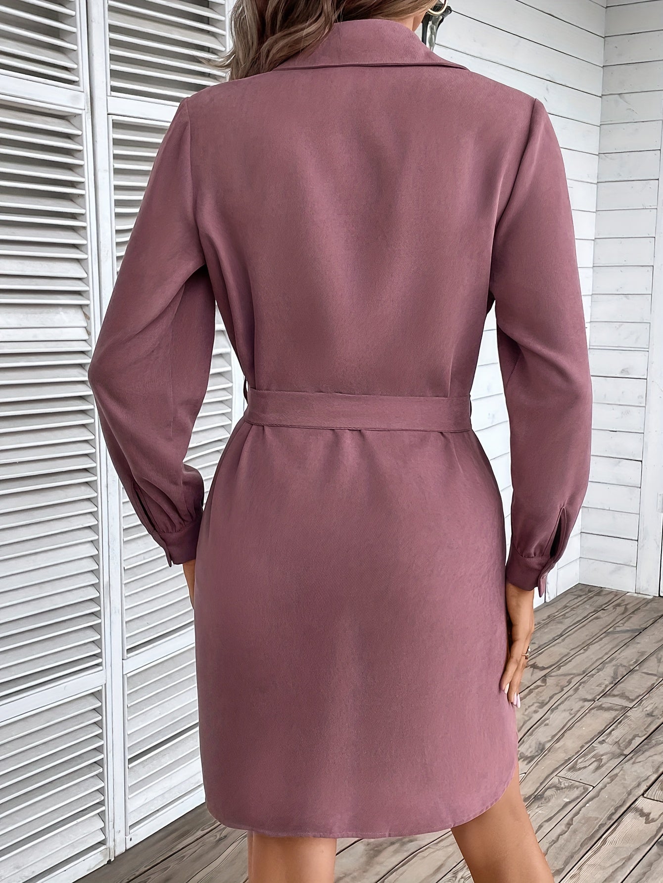 Antmvs Button Front Lantern Sleeve Dress, Casual Tie-waist Lapel Neck Dress For Spring & Fall, Women's Clothing