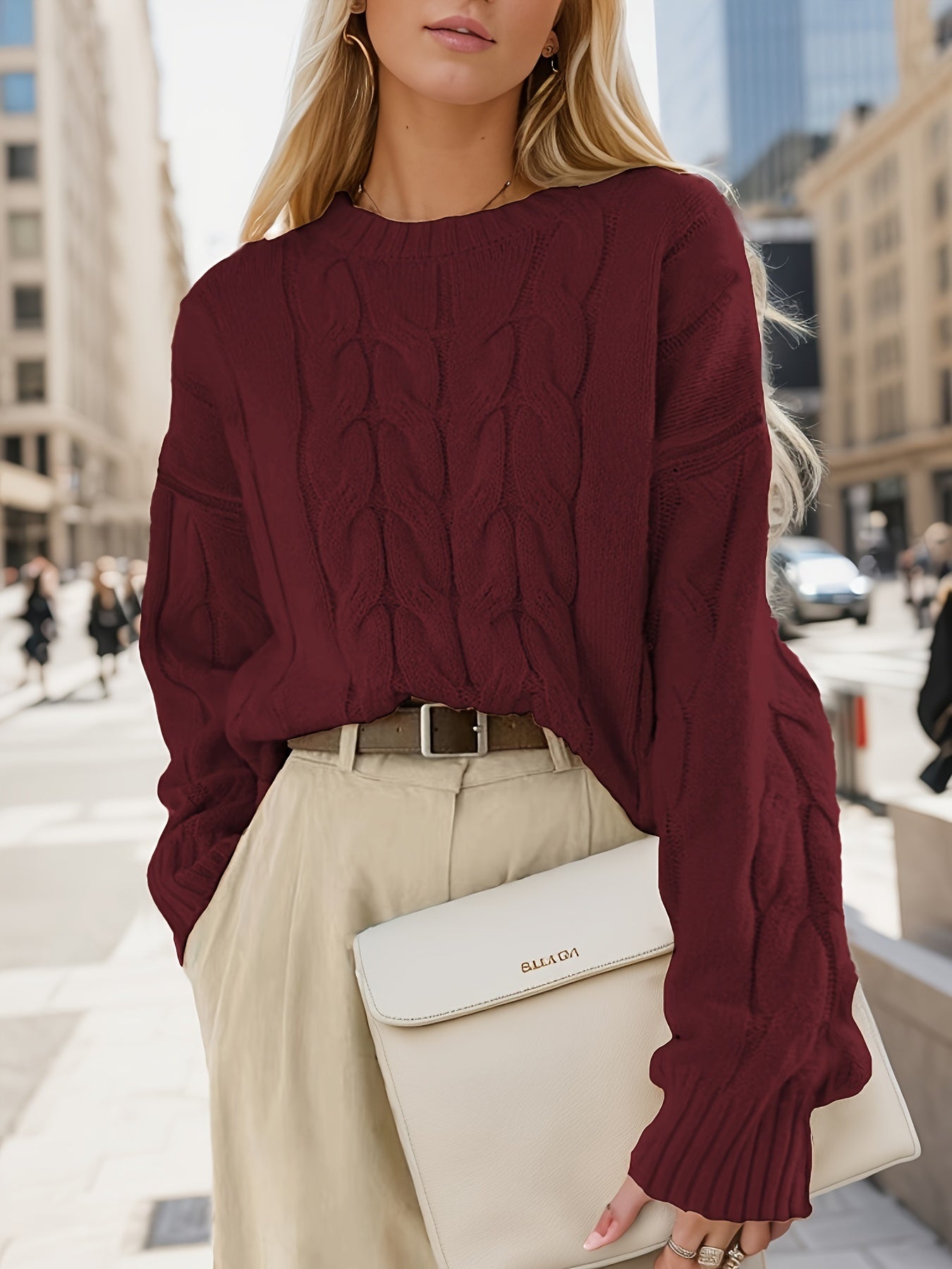 Antmvs Textured Crew Neck Sweater, Versatile Long Sleeve Sweater For Fall & Winter, Women's Clothing