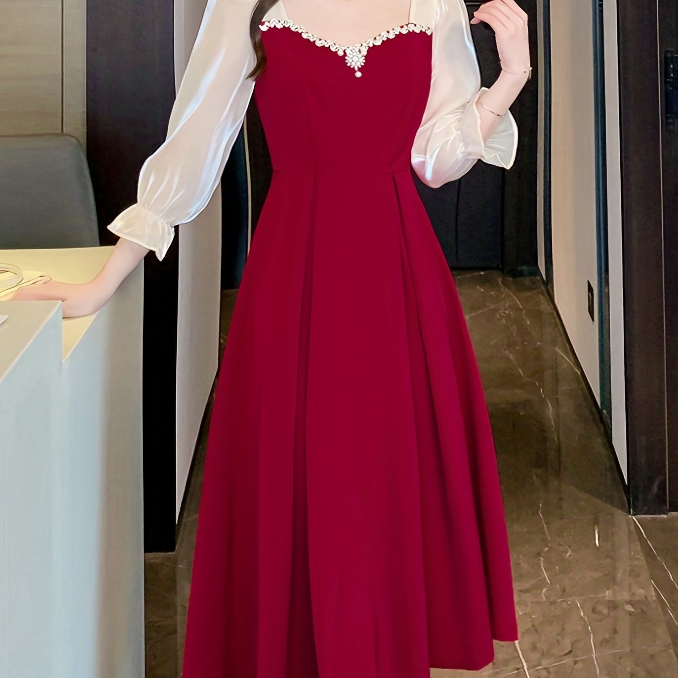 Antmvs Contrast Trim Mesh Lantern Sleeve Dress, Stylish A-line Flared Dress, Women's Clothing