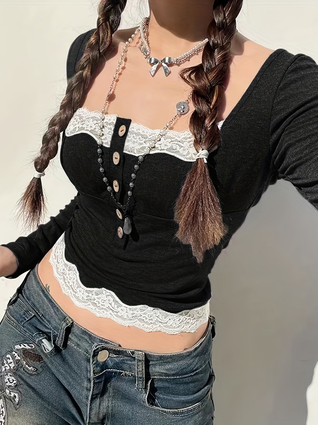 Antmvs Contrast Lace Button Front Square Neck T-Shirt, Y2K Long Sleeve Top For Spring & Fall, Women's Clothing