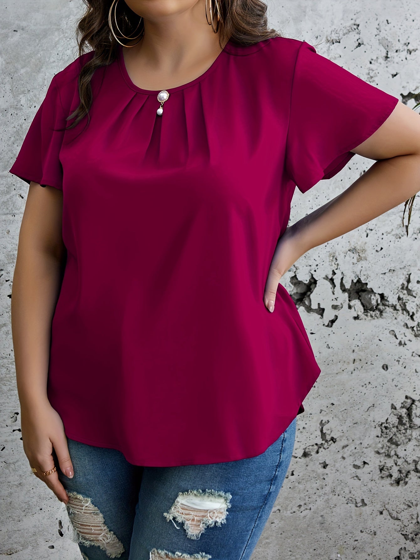 Plus Size Chic Ruched Blouse - Flattering Solid Colors, Crew Neck, Short Sleeves - Perfect Casual Style for Spring & Summer - Curvy Womens Fashion Clothing