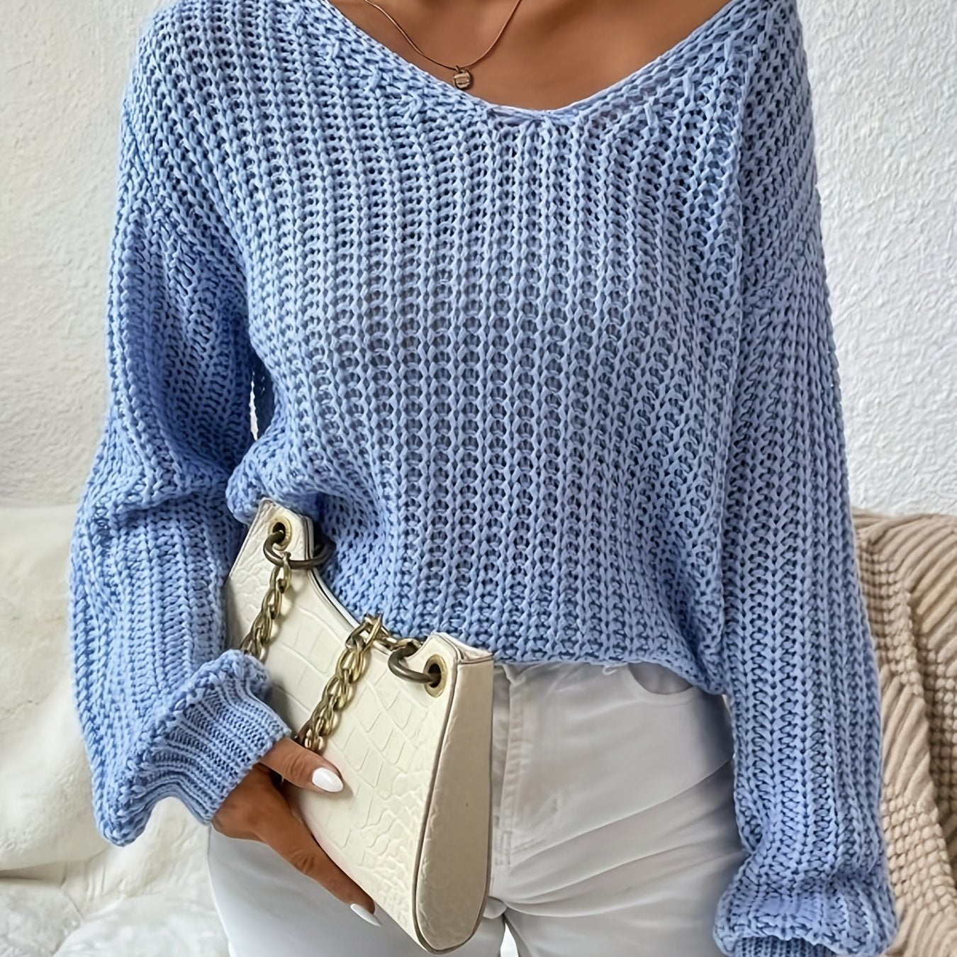 Antmvs V-neck Drop Shoulder Sweater, Casual Long Sleeve Sweater For Fall & Winter, Women's Clothing