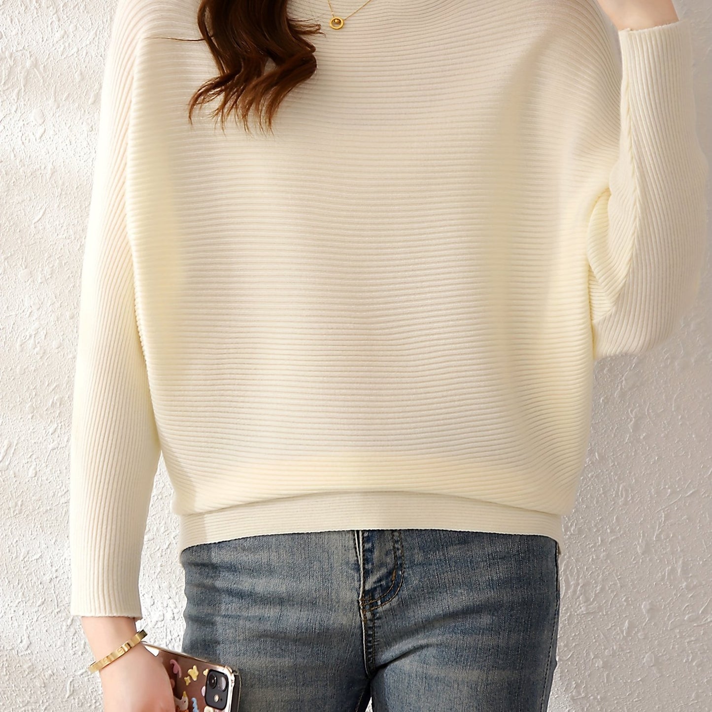 Antmvs Solid Batwing Sleeve Knit Sweater, Casual Boat Neck Sweater For Spring & Fall, Women's Clothing