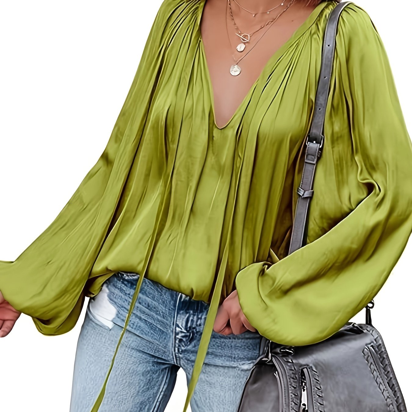 Antmvs Lantern Long Sleeve Satin Blouse, Elegant V Neck Tops For Spring & Summer, Women's Clothing
