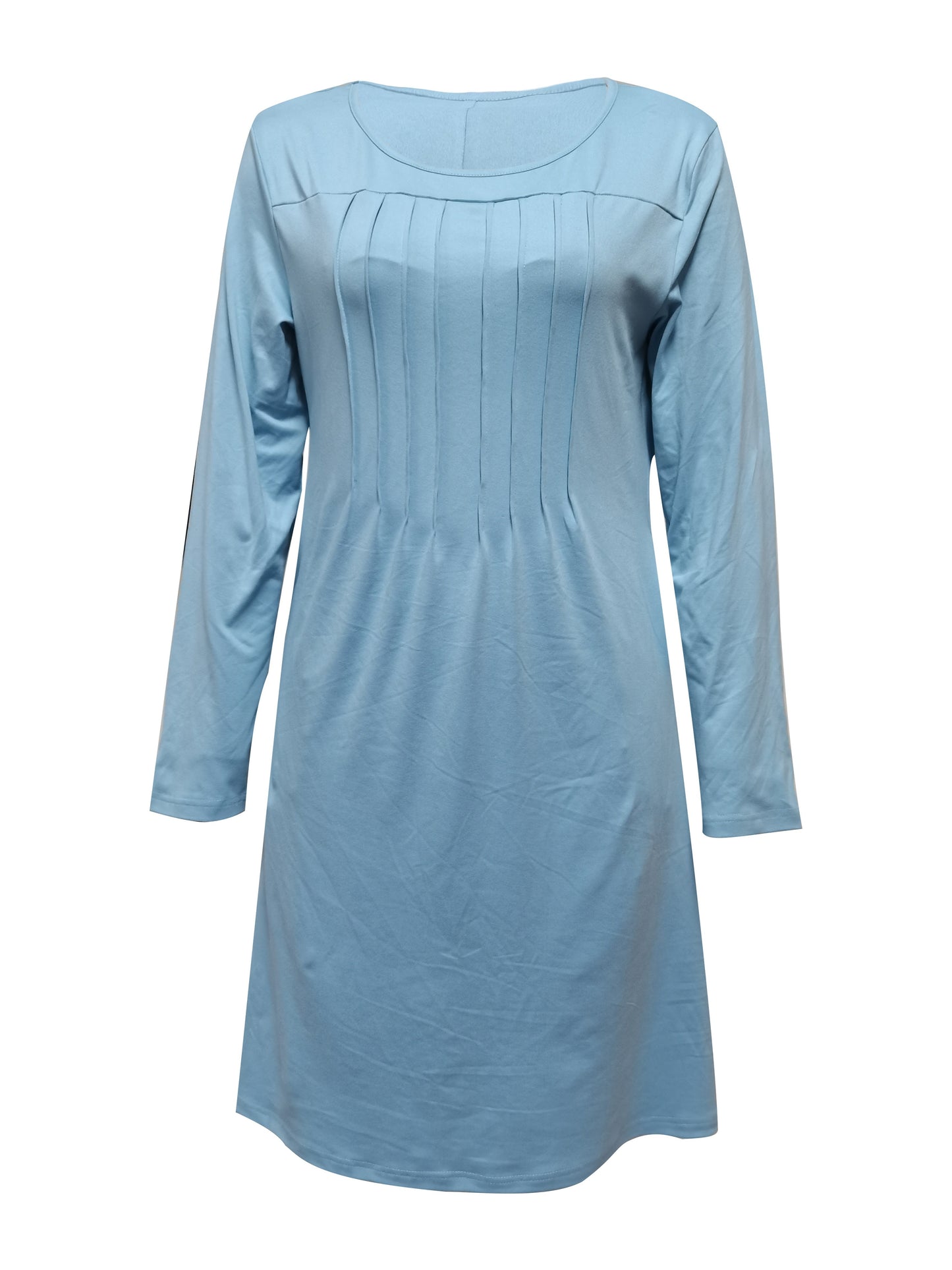 Antmvs Tucked Solid Dress, Casual Crew Neck Long Sleeve Dress, Women's Clothing