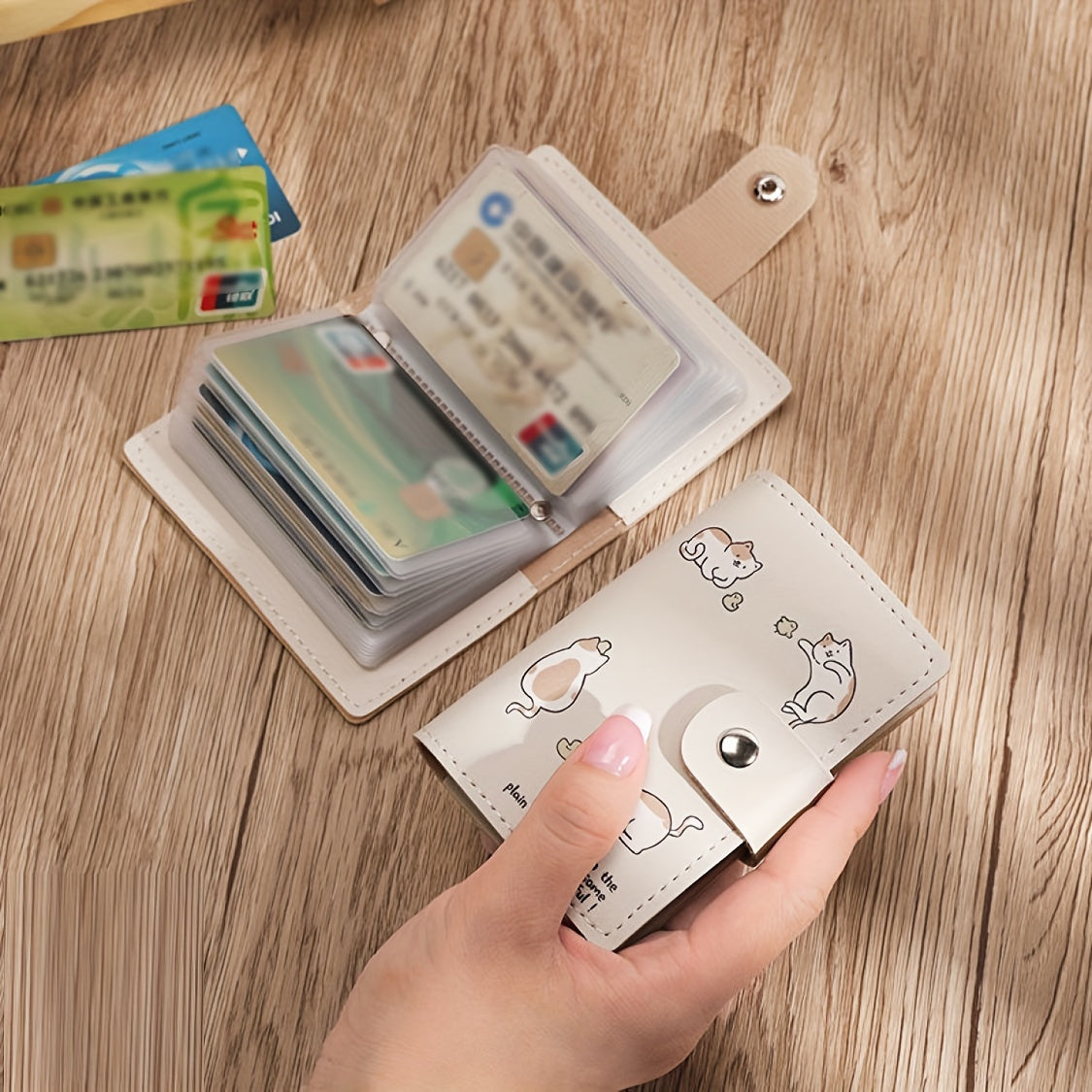 Kawaii Cartoon Cat Pattern Short Card Wallet, Cute Credit Card Holder With Flap Snap Button