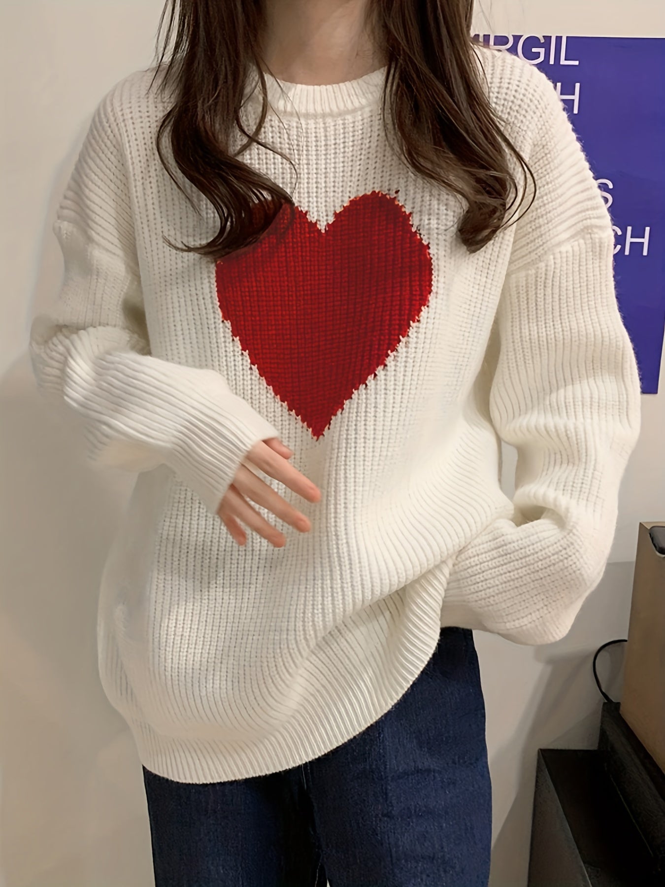 Antmvs Heart Pattern Crew Neck Pullover Sweater, Casual Long Sleeve Drop Shoulder Sweater, Women's Clothing