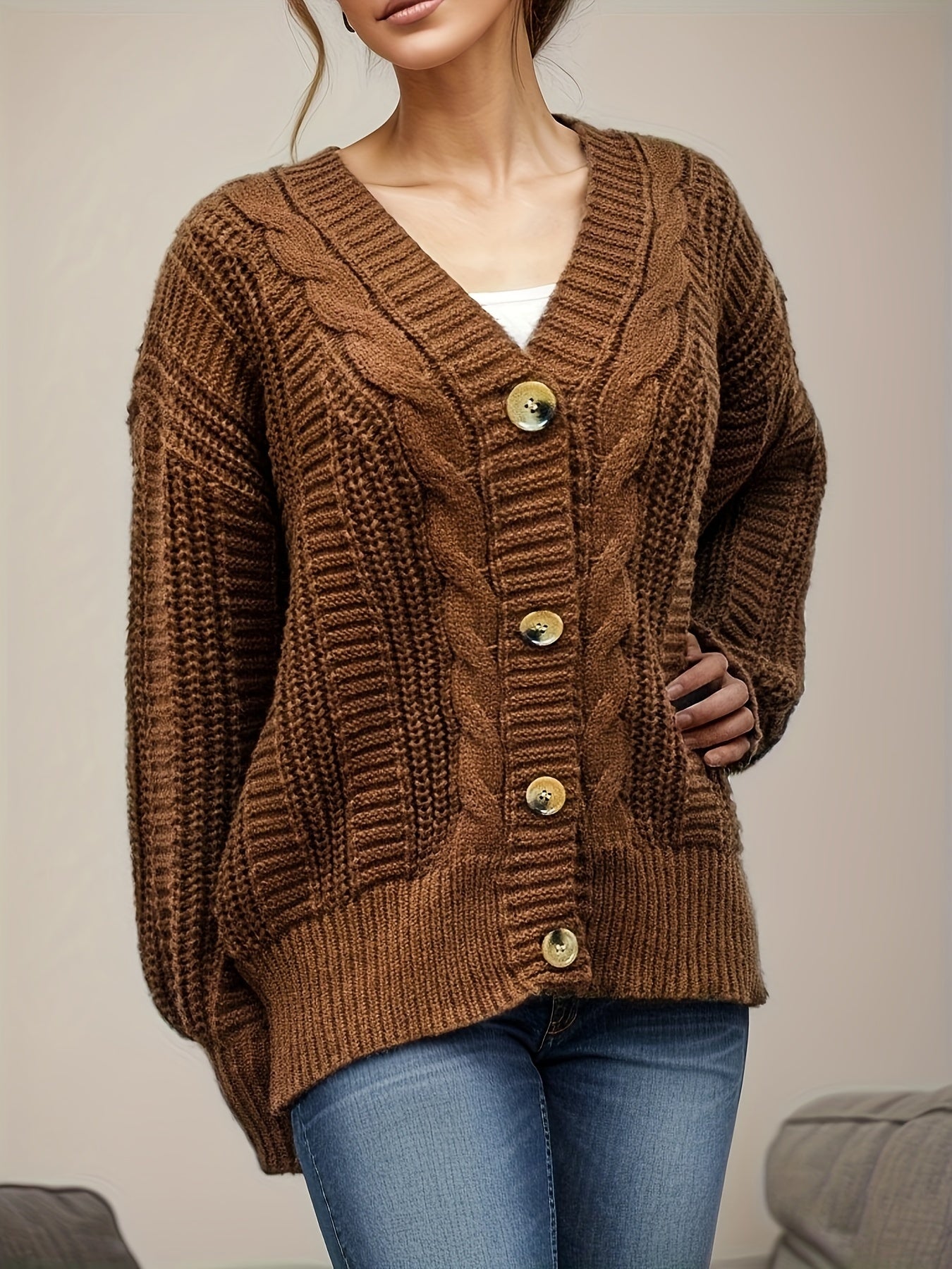 Antmvs Button Front Cable Knit Cardigan, Casual V Neck Long Sleeve Sweater, Women's Clothing