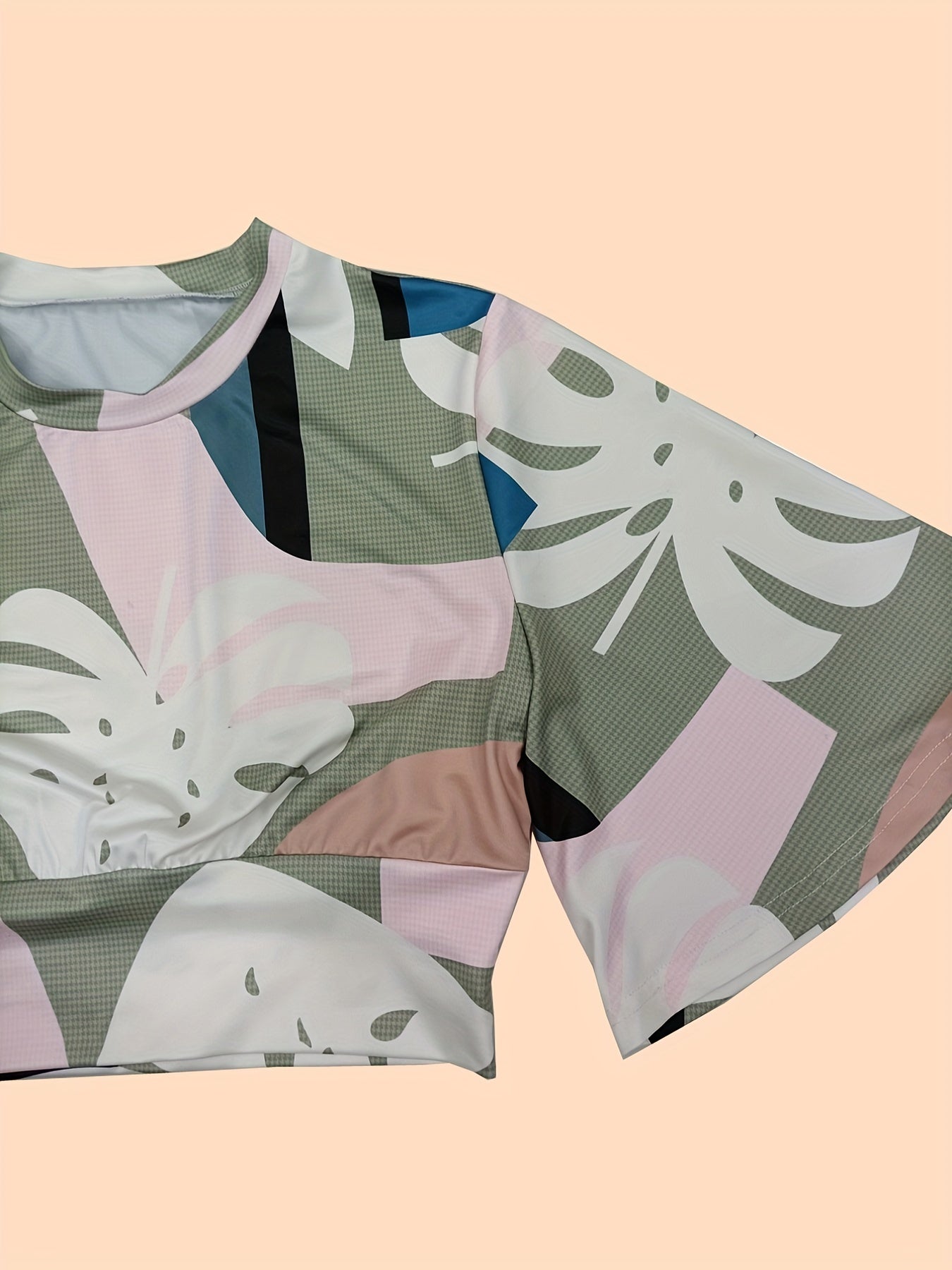 Antmvs Leaf Print Casual Two-piece Set, Bell Sleeve Crop Top & High Waist Slim Pants Outfits, Women's Clothing