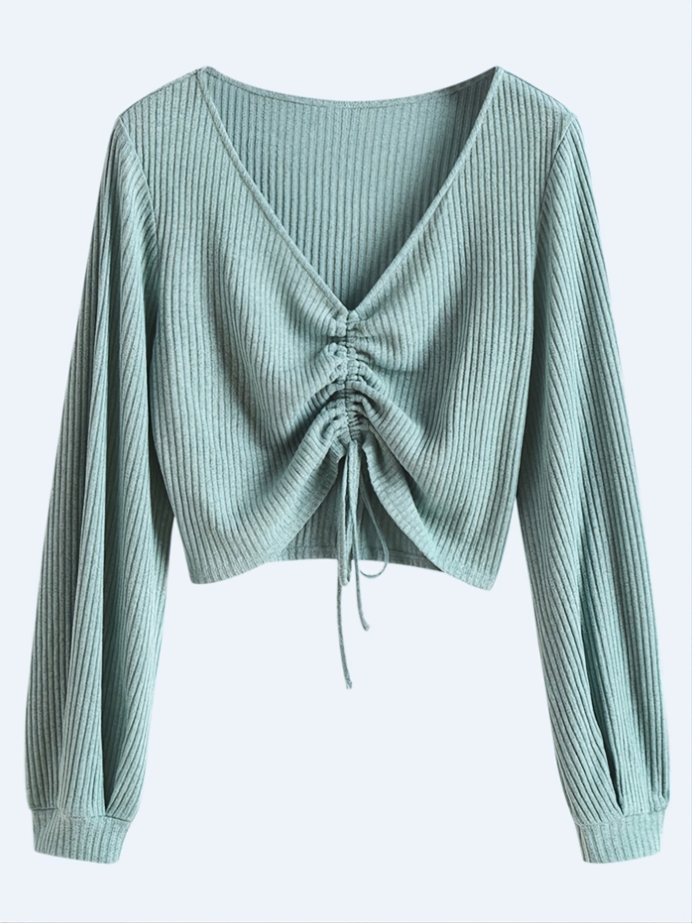 Antmvs Plus Size Y2K Solid Rib Knit Drawstring Front Ruched Crop Top, Women's Plus Sexy Slight Stretch Knit Top