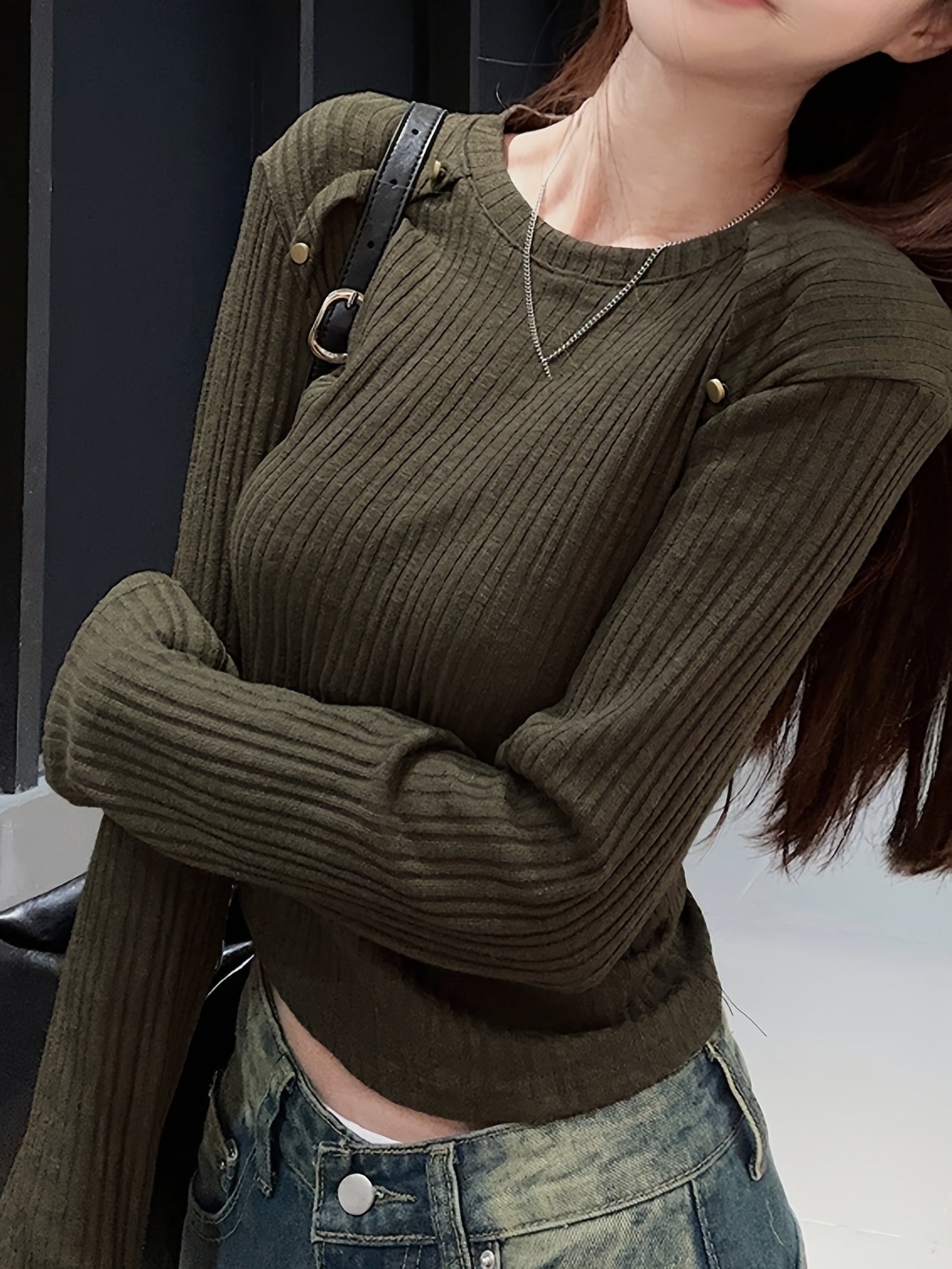 Antmvs Solid Crew Neck Rib Knit Top, Casual Long Sleeve Slim Crop Sweater For Spring & Fall, Women's Clothing