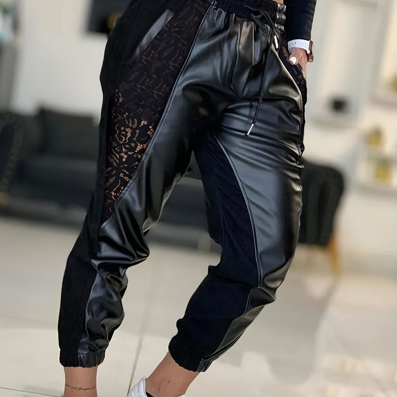 Antmvs Lace Solid Pants, Casual Every Day Pants For Spring & Fall, Women's Clothing