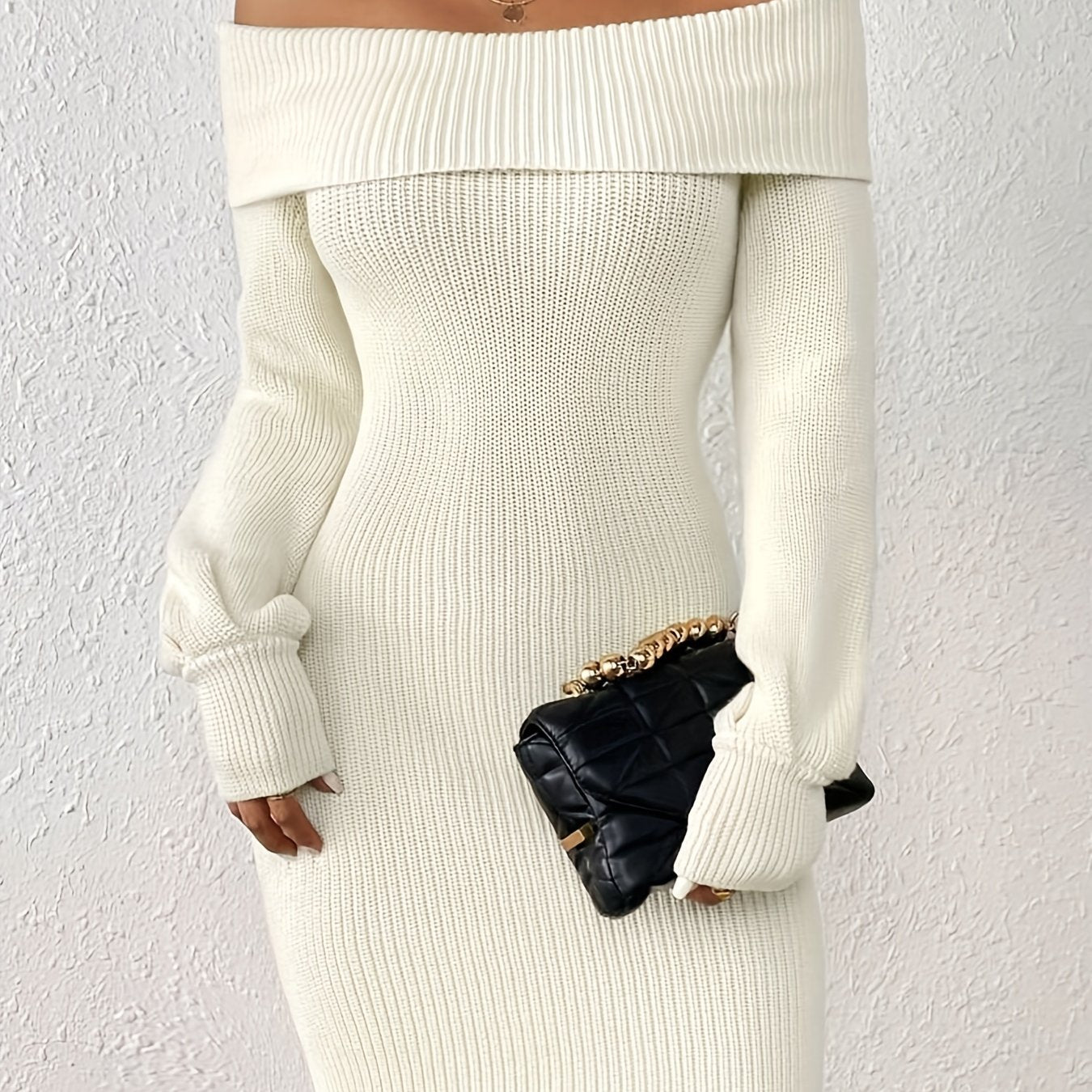 Antmvs Solid Off-shoulder Knit Dress, Elegant Long Sleeve Dress For Fall & Winter, Women's Clothing