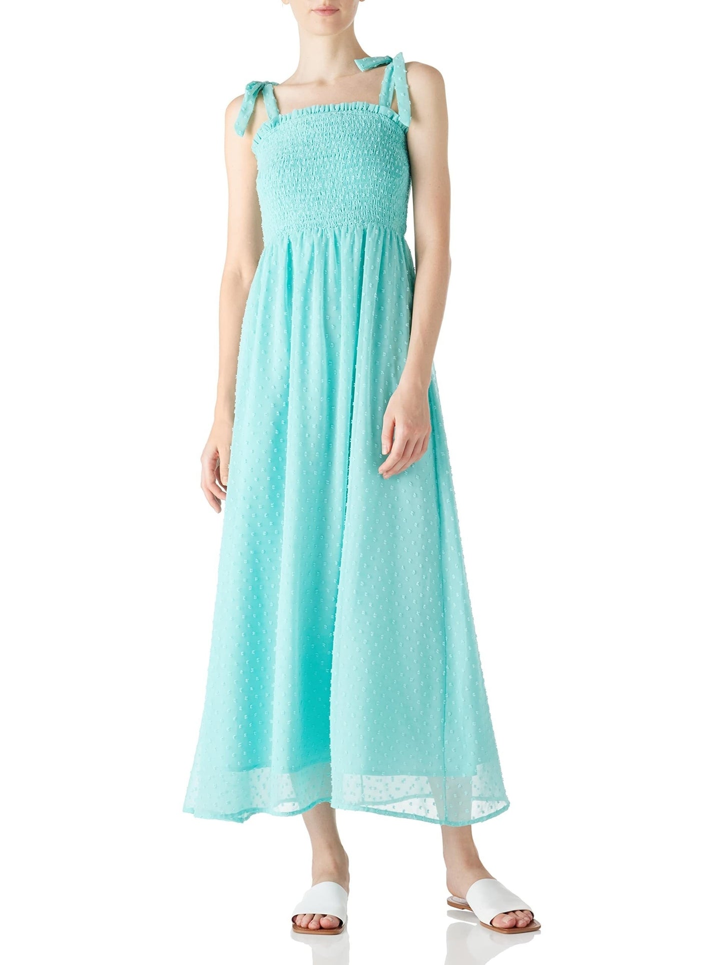 Antmvs Swiss Dot Tie Strap Shirred Dress, Elegant Backless Ruffle Trim Dress, Women's Clothing