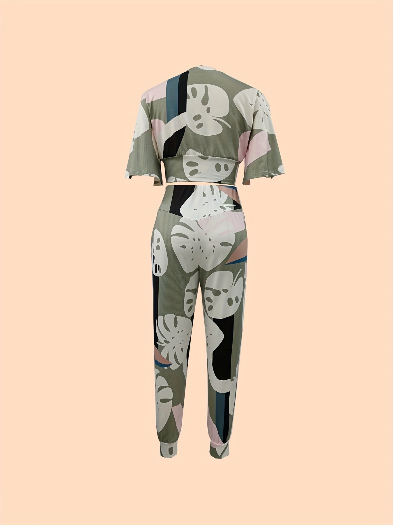 Antmvs Leaf Print Casual Two-piece Set, Bell Sleeve Crop Top & High Waist Slim Pants Outfits, Women's Clothing