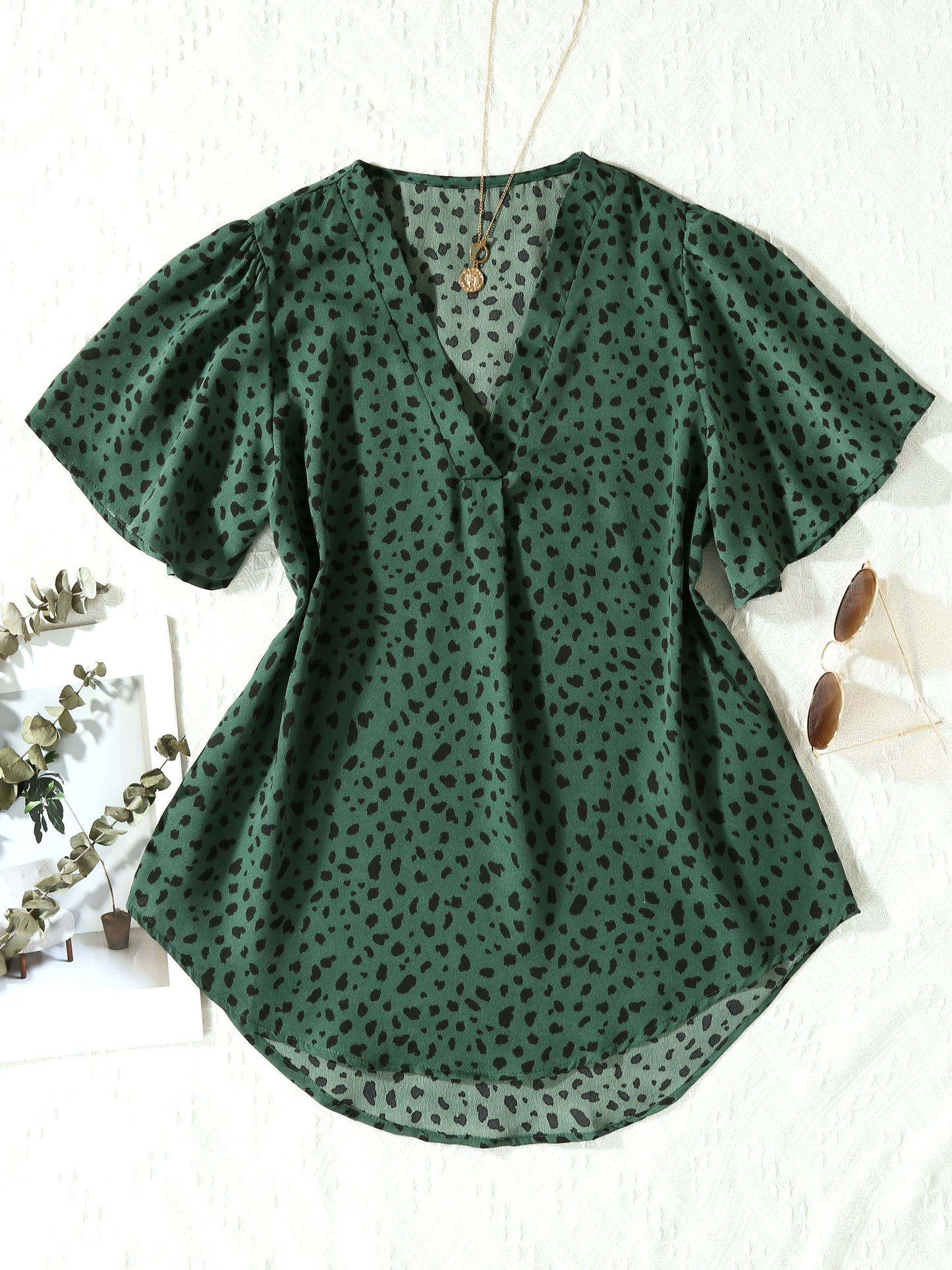 Antmvs Dalmatian Print V Neck Blouse, Elegant Short Sleeve Blouse For Spring & Summer, Women's Clothing