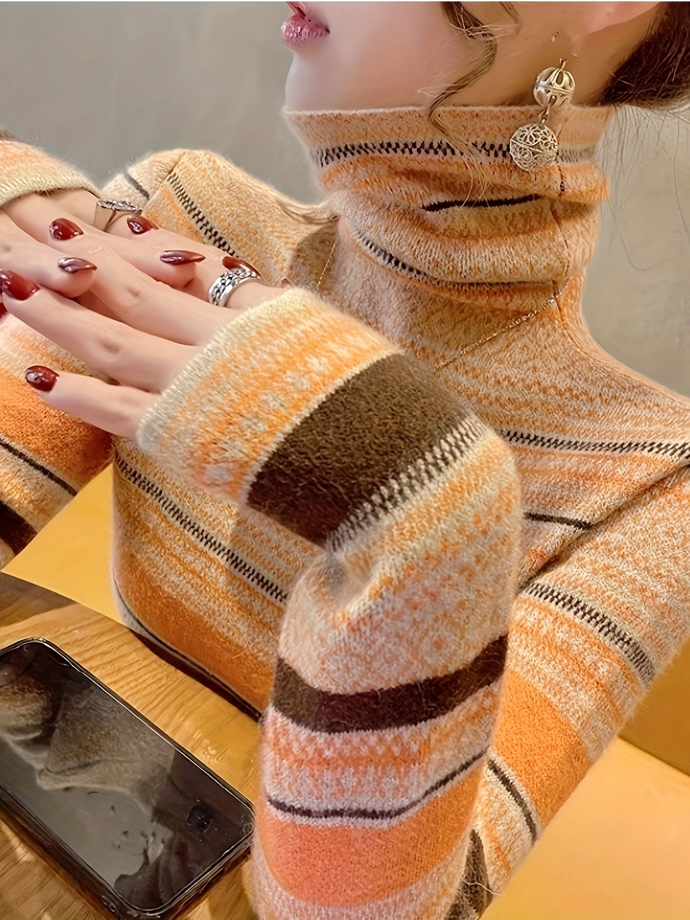 Antmvs Stripes Print Turtle Neck Pullover Sweater, Elegant Long Sleeve Knitted Sweater For Fall & Winter, Women's Clothing