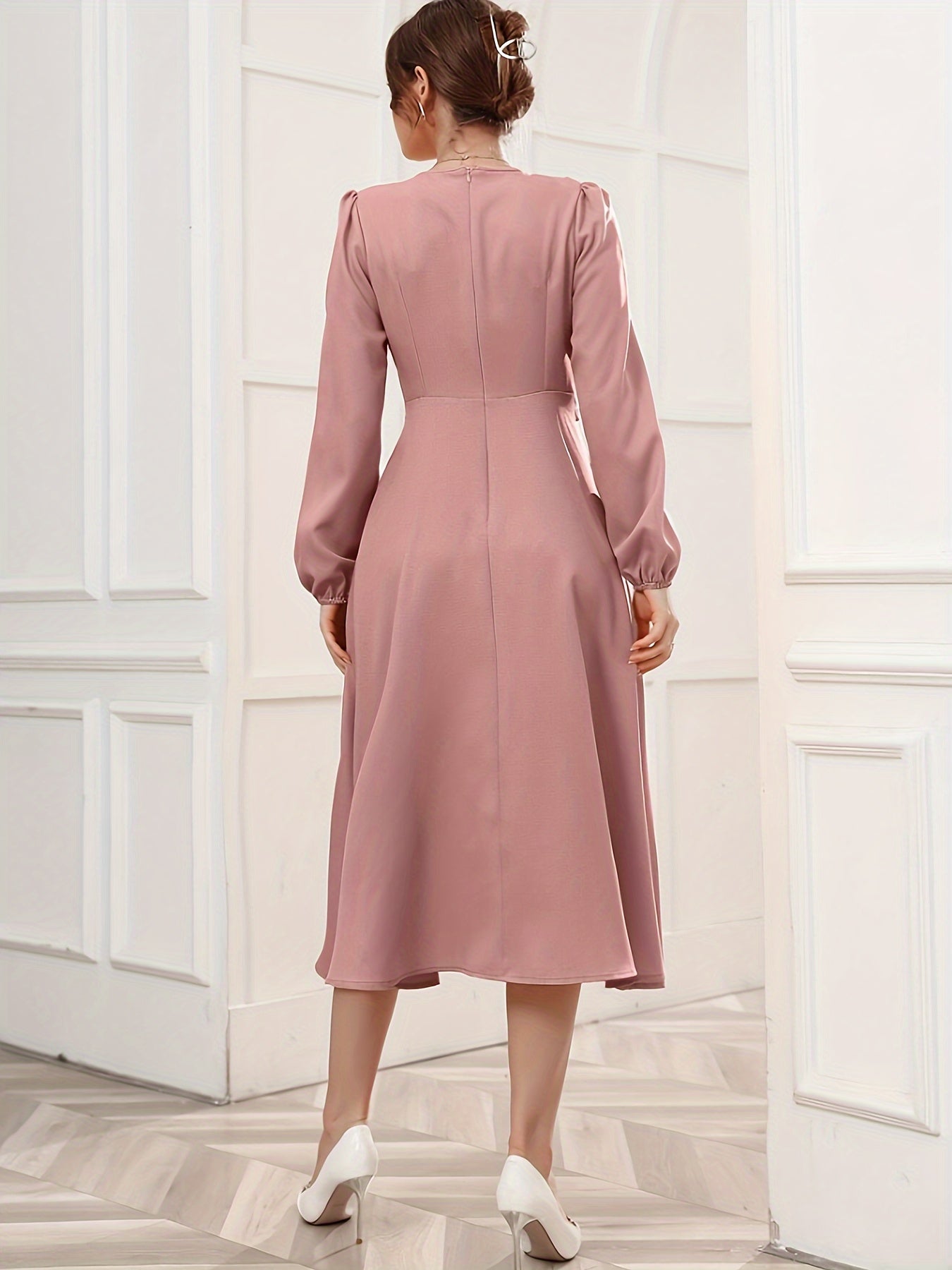 Antmvs Solid Surplice Neck Dress, Elegant Long Sleeve Belted Dress, Women's Clothing