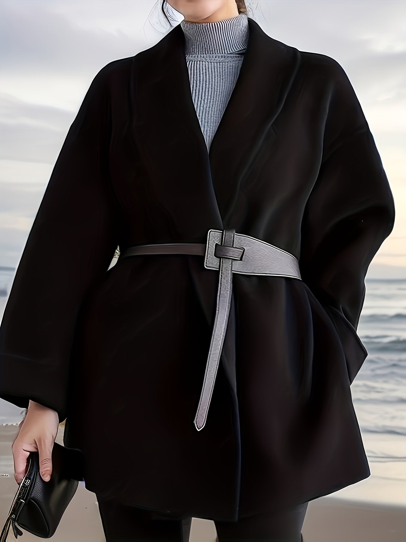Antmvs Plus Size Elegant Coat, Women's Plus Solid Long Sleeve Shawl Collar Surplice Neck Woolen Coat With Pockets & Belt