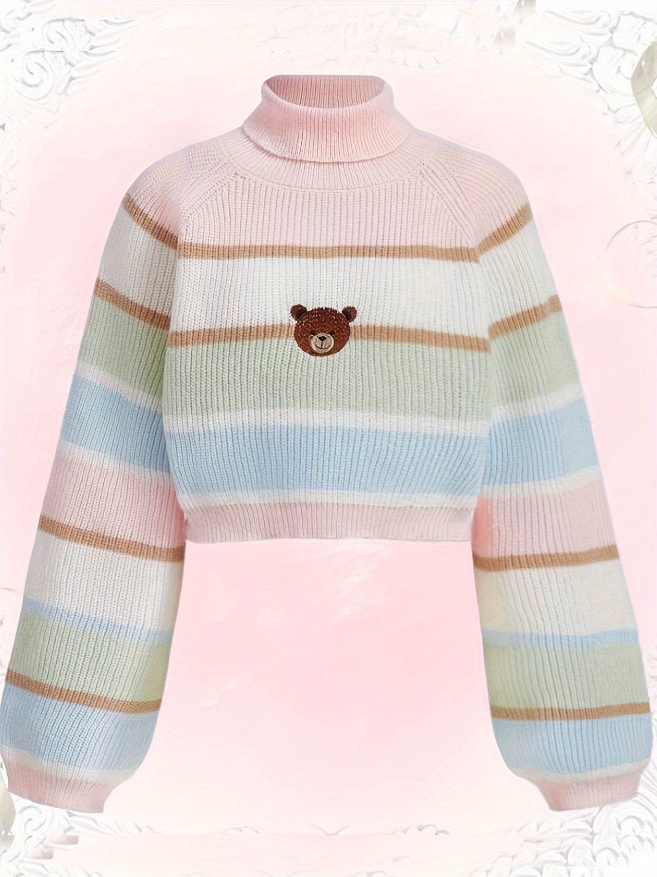 Antmvs Bear Pattern Striped Pullover Sweater, Cute Turtle Neck Long Sleeve Crop Sweater, Women's Clothing