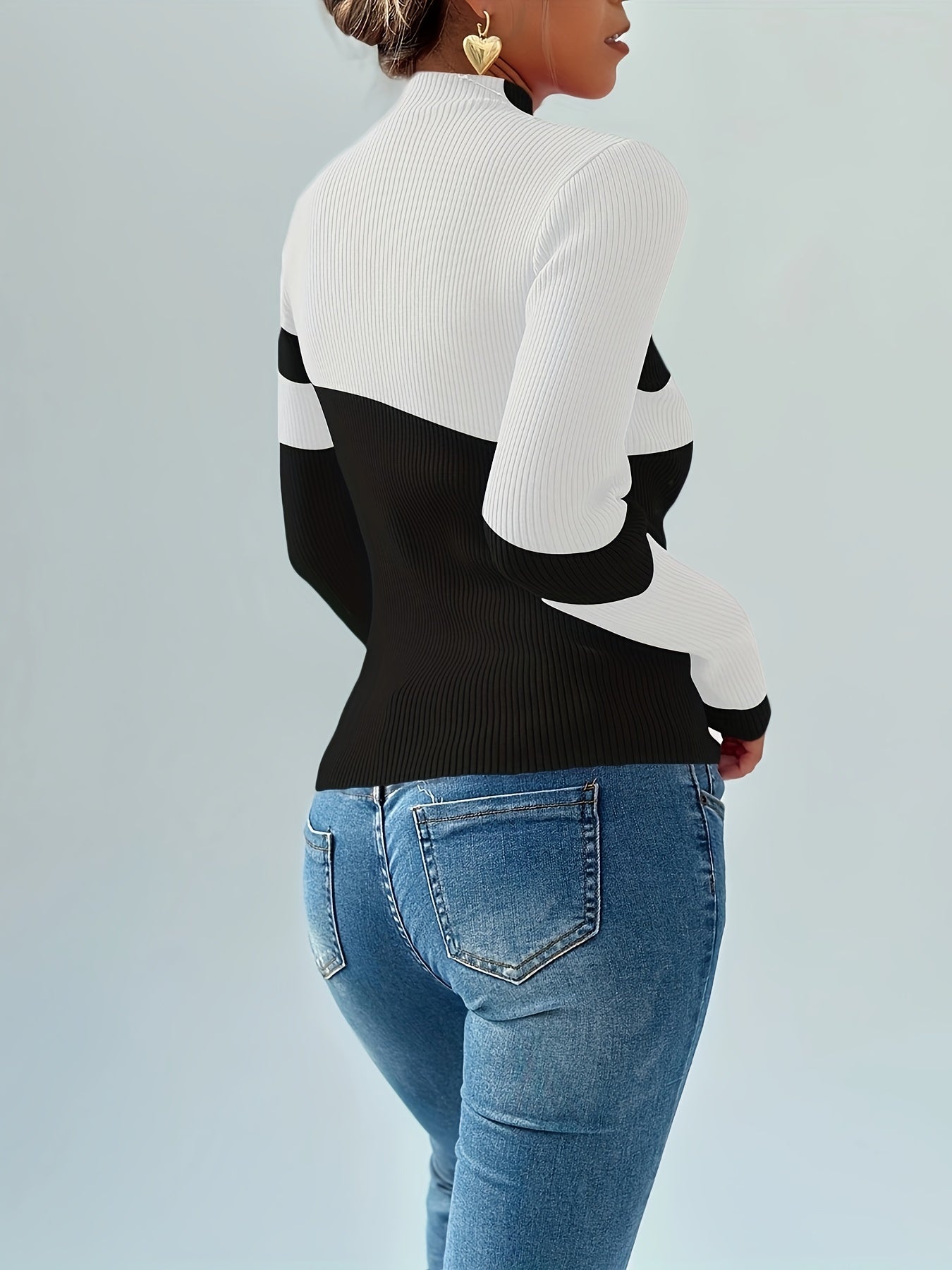 Antmvs Color Block Turtle Neck Sweater, Casual Long Sleeve Slim Sweater For Fall & Winter, Women's Clothing
