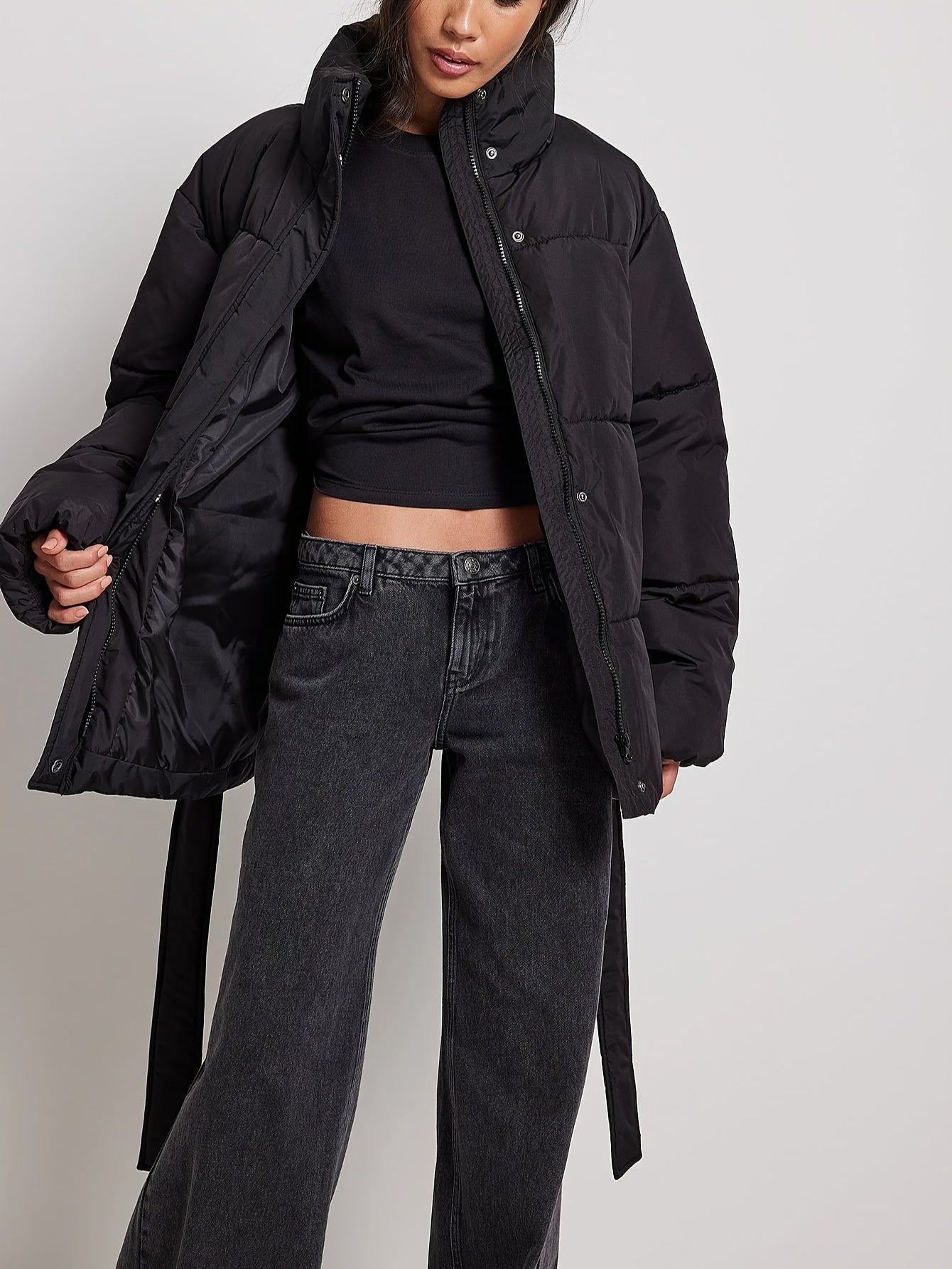 Antmvs Solid Zip & Button Front Coat, Casual Stand Collar Long Sleeve Winter Warm Outerwear, Women's Clothing