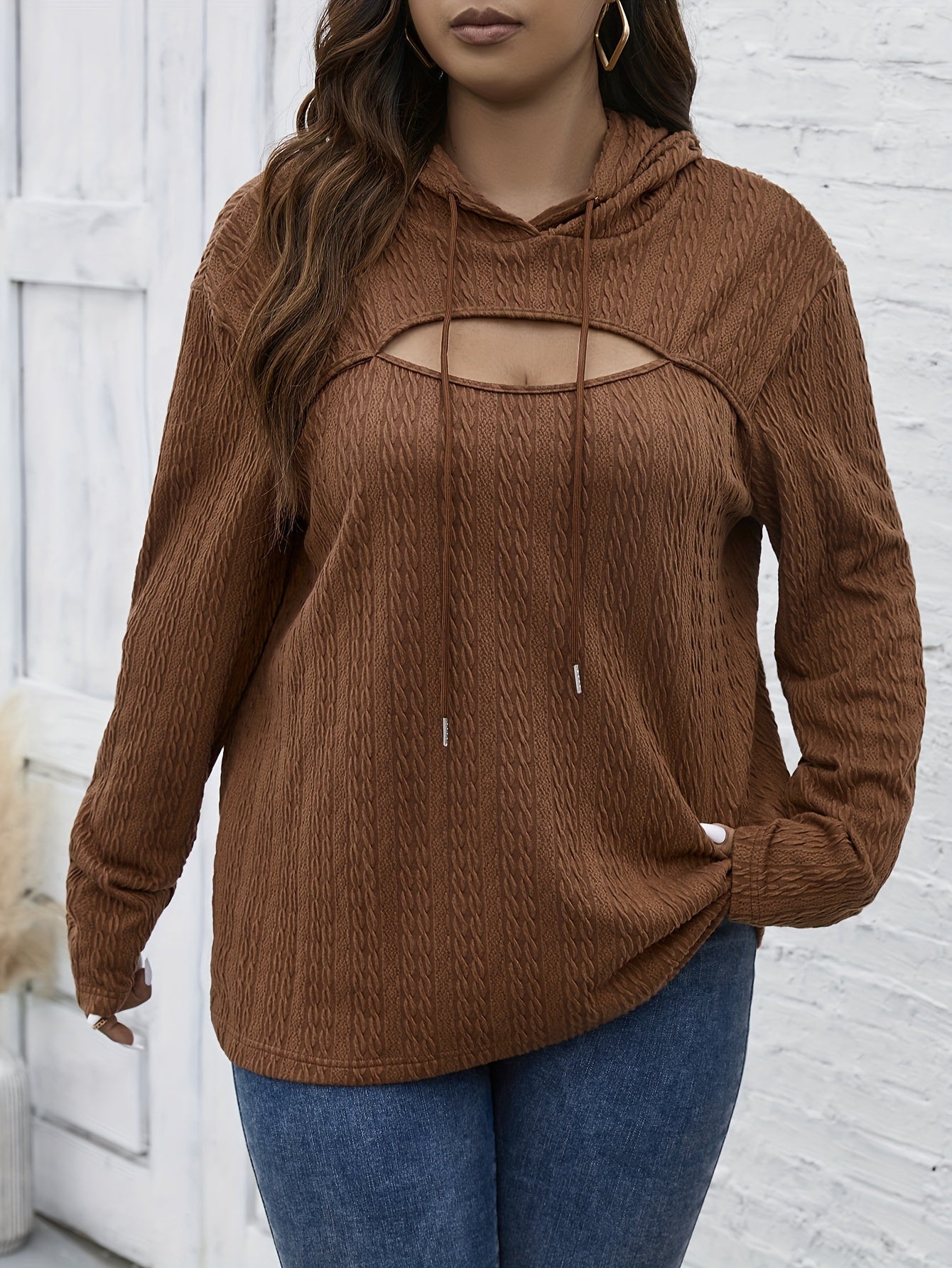 Antmvs Plus Size Sexy Sweatshirt, Women's Plus Solid Textured Cut Out Front Long Sleeve Drawstring Hooded Pullover Sweatshirt, Casual Tops For Fall & Winter, Plus Size Women's Clothing