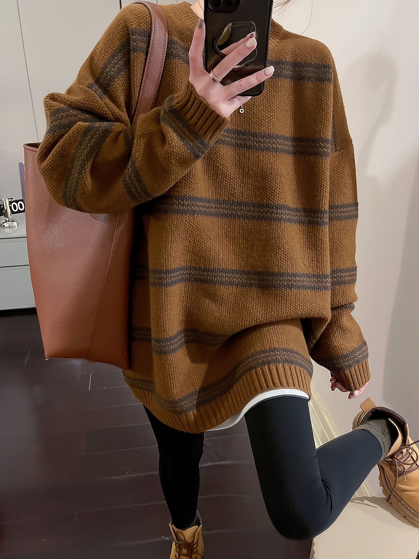 Antmvs Striped Crew Neck Pullover Sweater, Vintage Long Sleeve Oversized Slouchy Sweater, Women's Clothing