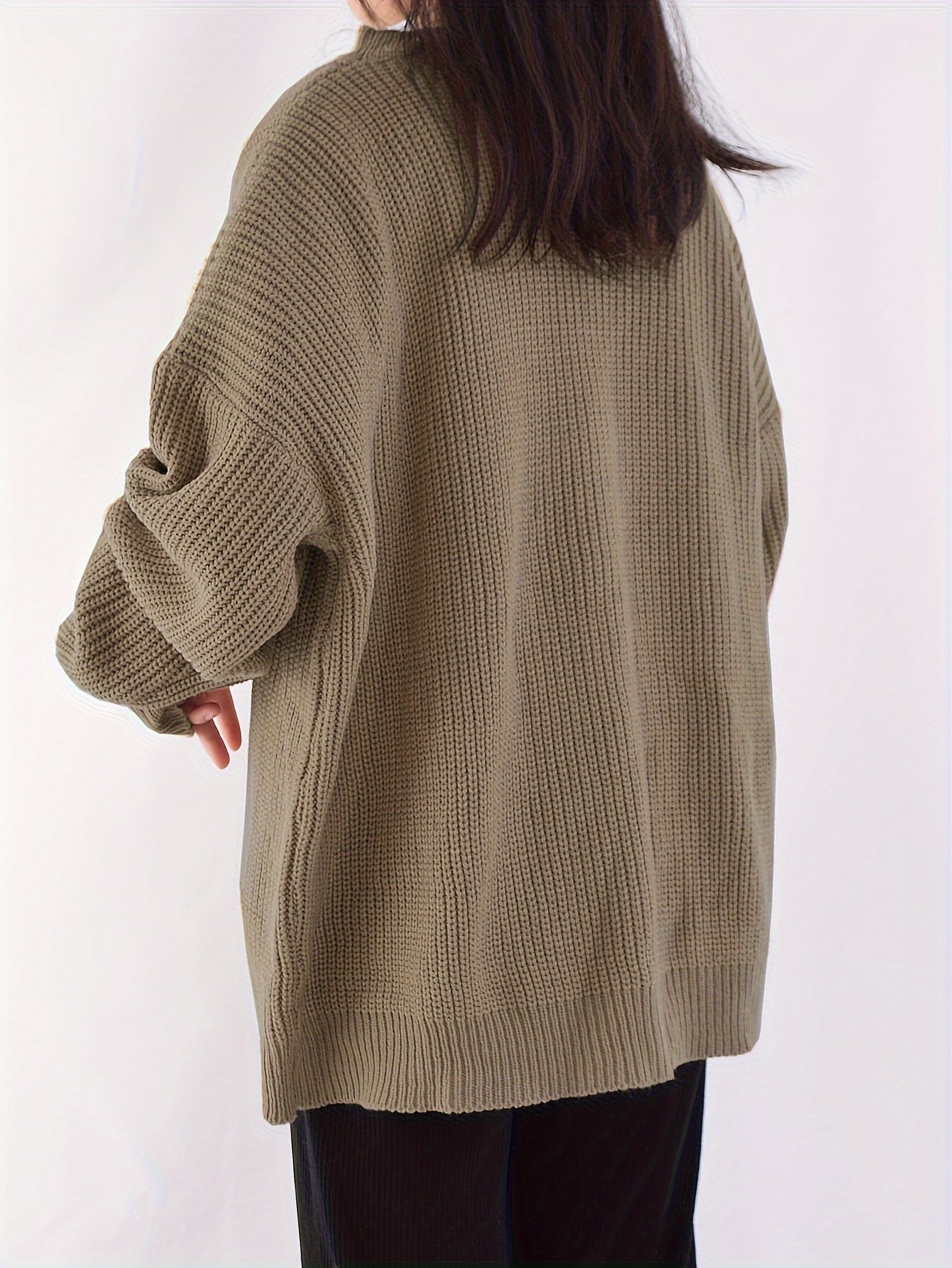 Antmvs Heart Pattern Crew Neck Pullover Sweater, Casual Long Sleeve Drop Shoulder Sweater, Women's Clothing