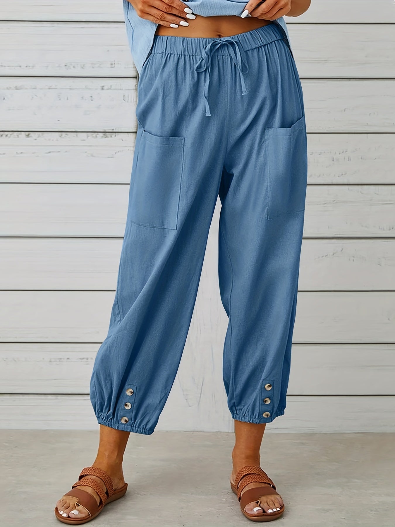 Antmvs Boho Baggy Harem Pants With Pockets, Drawstring Waist Casual Pants For Spring & Summer, Women's Clothing