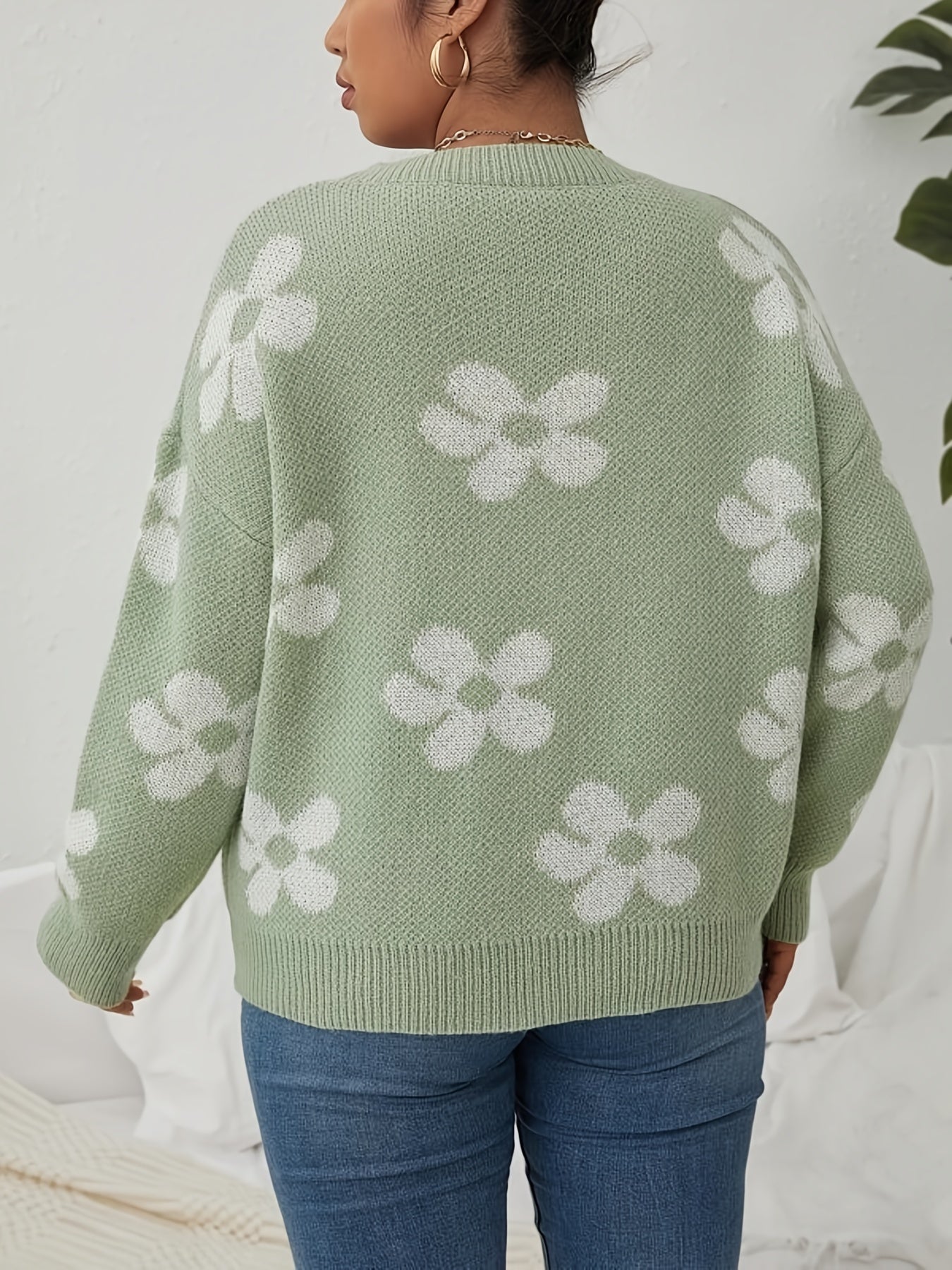 Antmvs Plus Size Casual Sweater, Women's Plus Floral Print Long Sleeve Round Neck Jumper