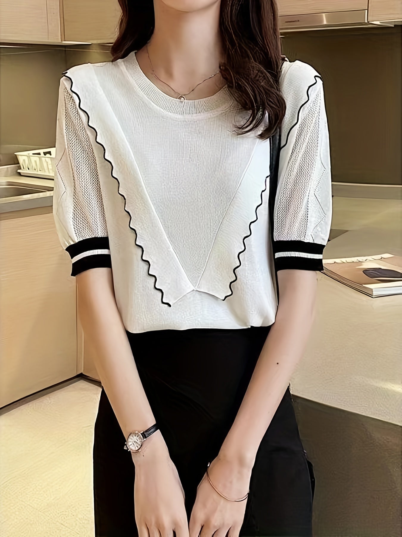 Antmvs Layered Scallop Trim Knit Top, Casual Contrast Trim Short Sleeve Top For Spring & Summer, Women's Clothing