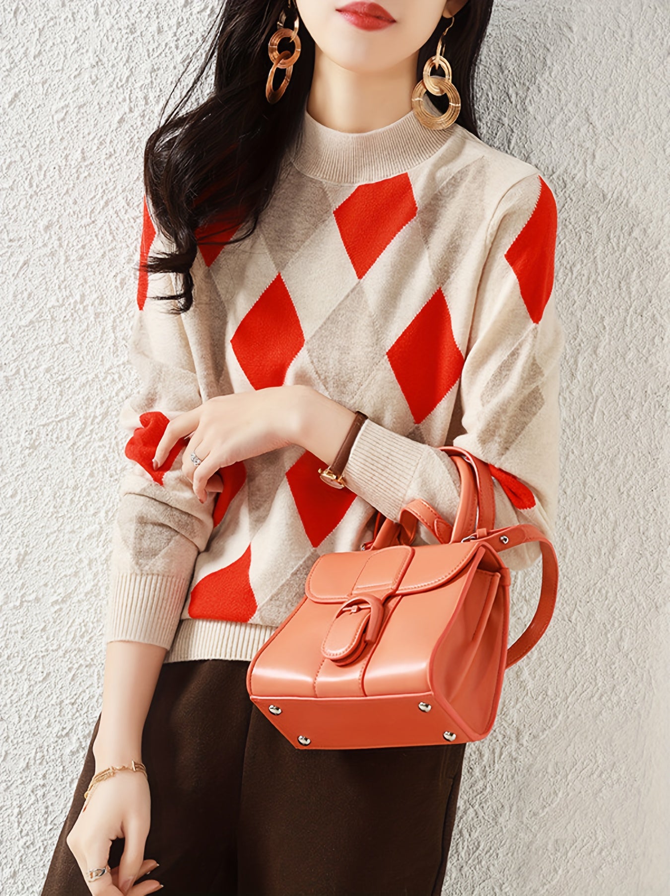Antmvs Argyle Pattern Turtle Neck Pullover Sweater, Casual Long Sleeve Sweater, Women's Clothing