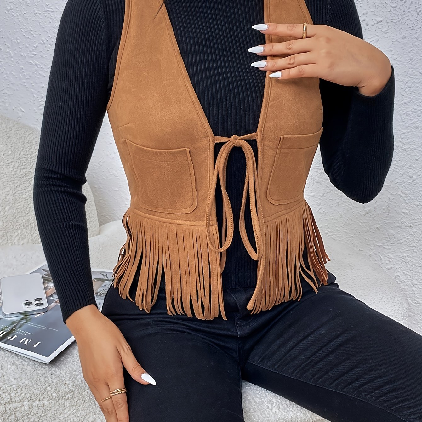 Antmvs Tassel Tie Front Solid Vest, Elegant Sleeveless Stylish Vest, Women's Clothing