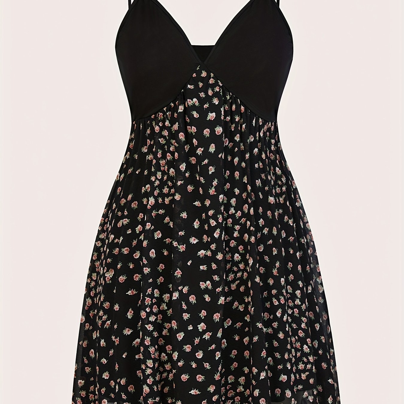 Antmvs Plus Size Casual Summer Dress, Women's Plus Colorblock Ditsy Print V Neck Backless Cami Dress
