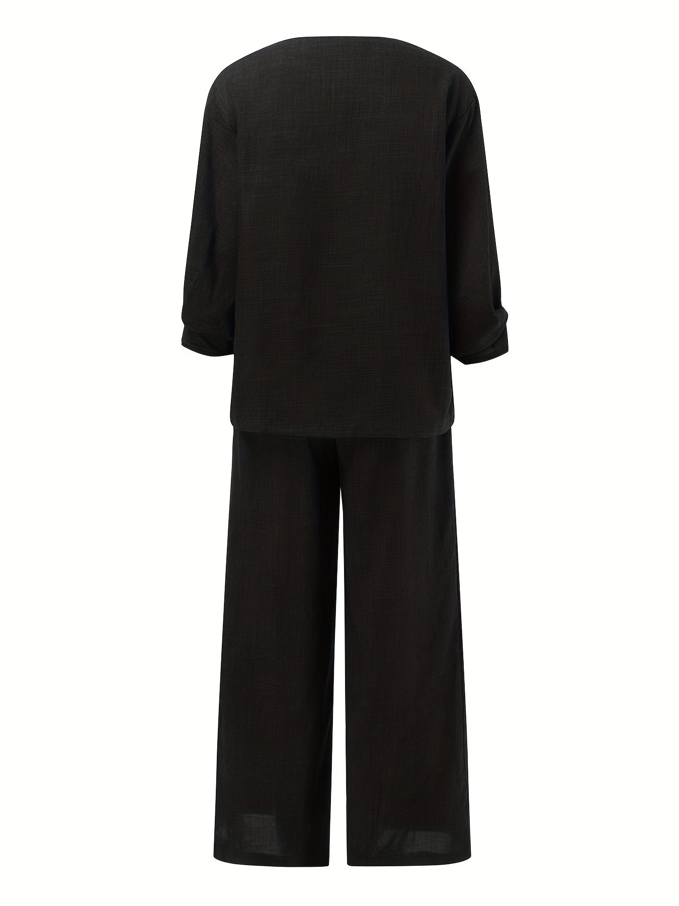 Antmvs Solid Casual Two-piece Set, V Neck Lantern Sleeve Tops & Wide Leg Pants Outfits, Women's Clothing