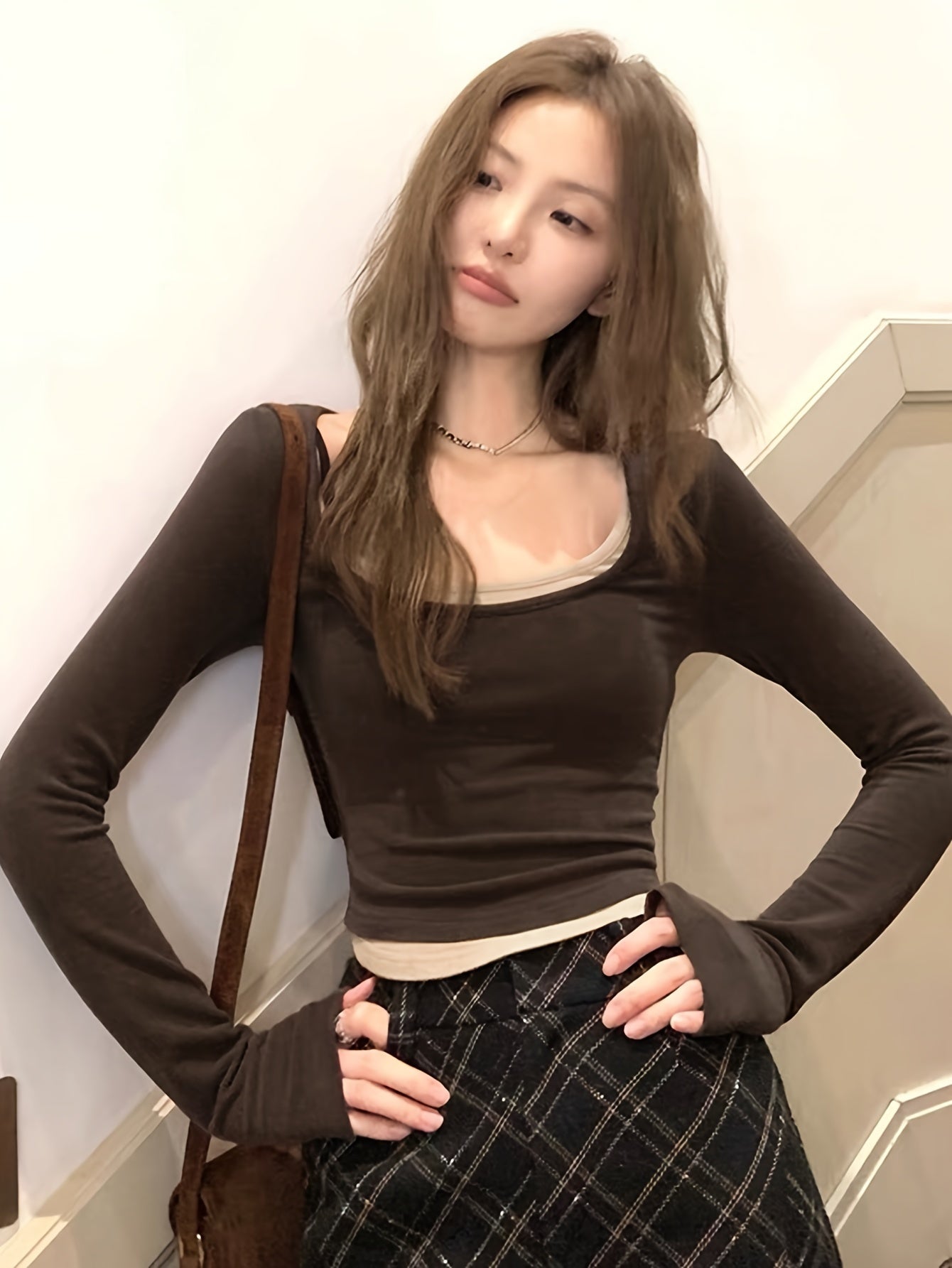Antmvs Contrast Trim Crew Neck Crop T-Shirt, Casual Long Sleeve T-Shirt For Spring & Fall, Women's Clothing