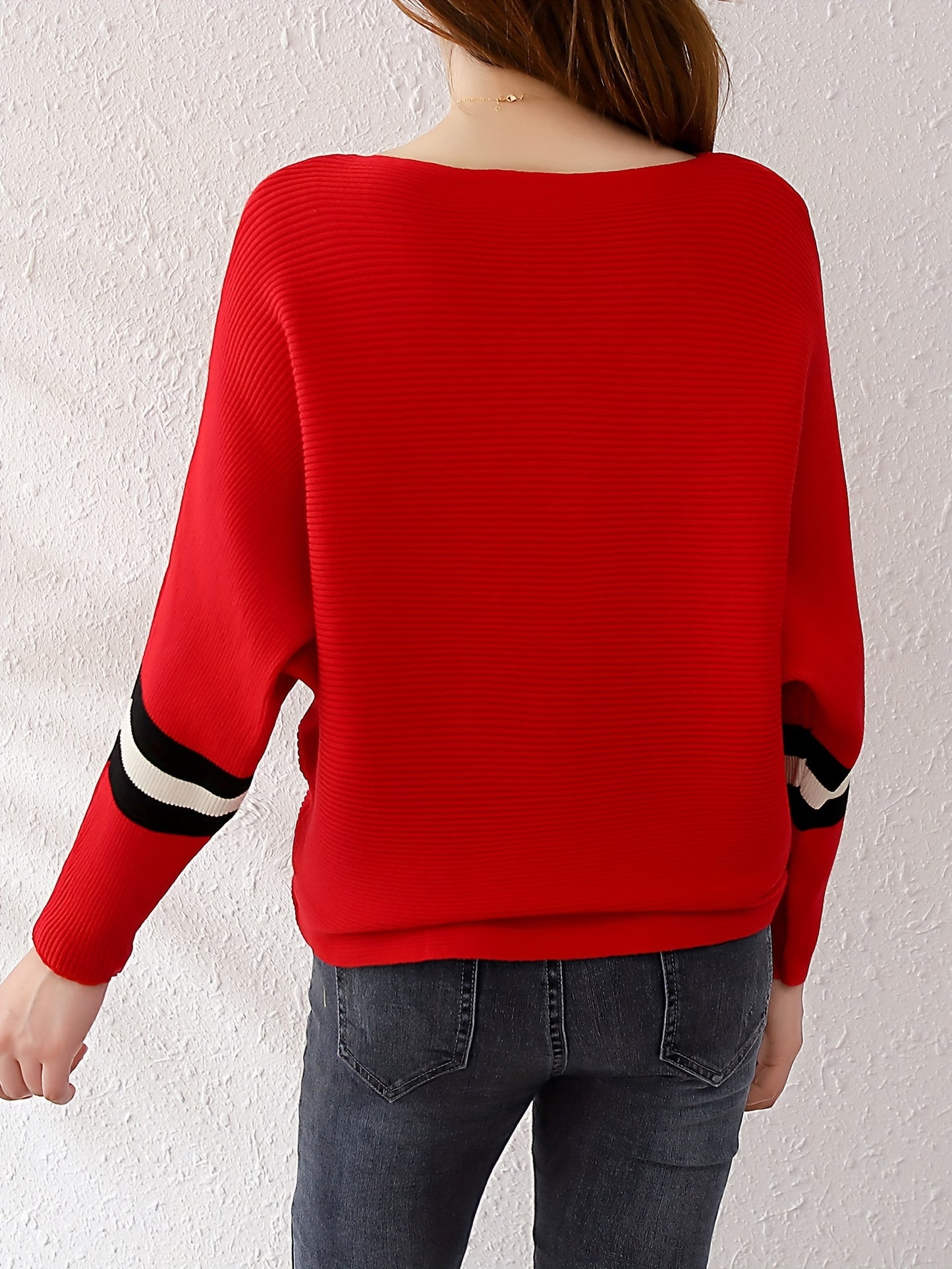 Antmvs Color Block Boat Neck Knit Sweater, Elegant Long Sleeve Sweater, Women's Clothing
