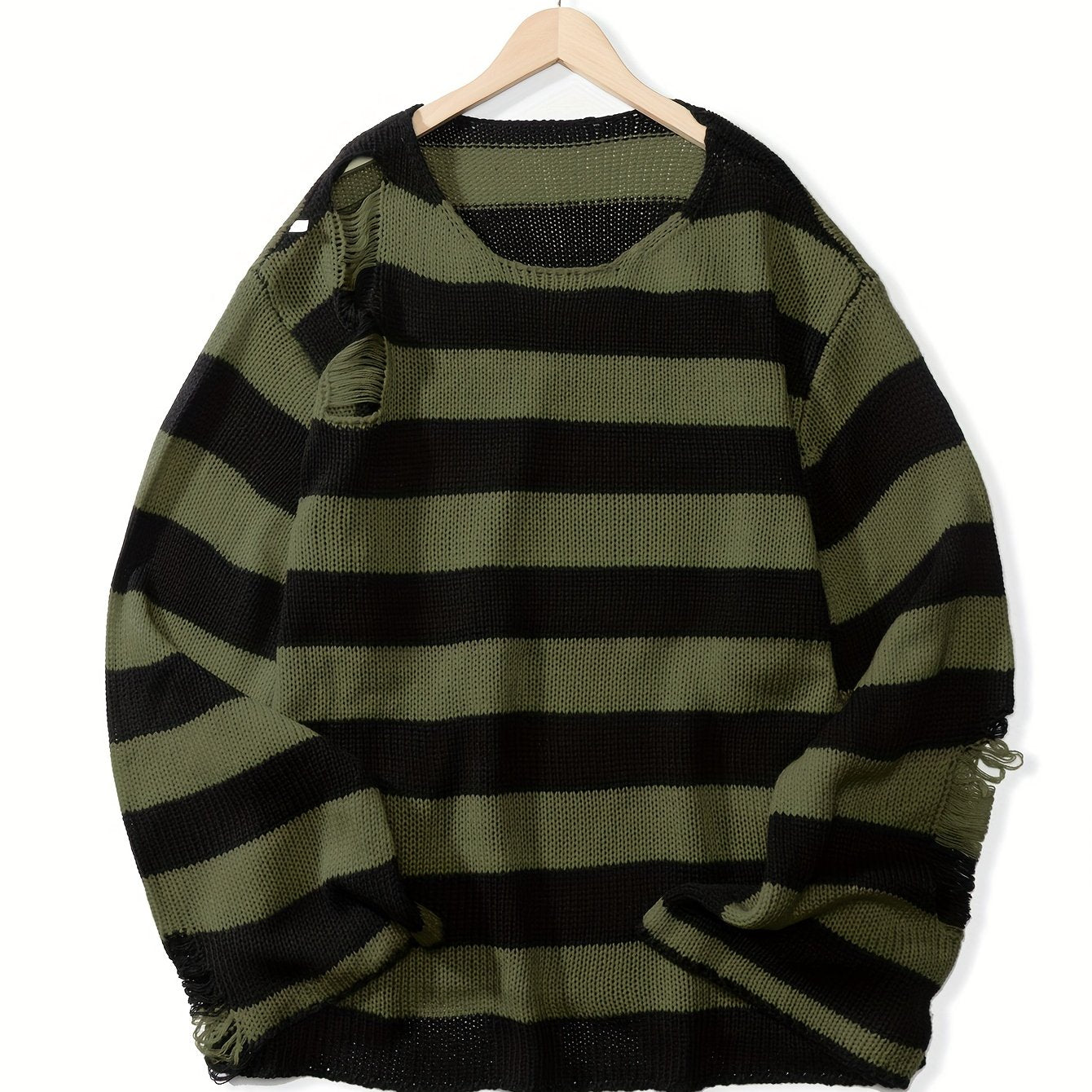 Antmvs All Match Knitted Ripped Striped Sweater, Men's Casual Warm Slightly Stretch Crew Neck Pullover Sweater For Fall Winter