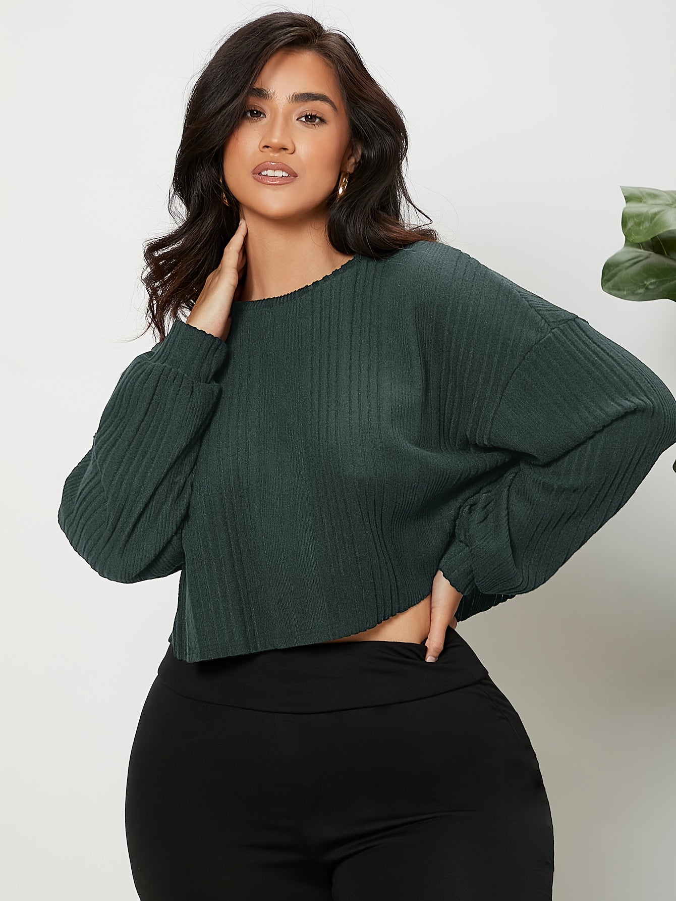 Antmvs Plus Size Trendy Knit Top, Women's Plus Solid Ribbed Drop Shoulder Lantern Sleeve Round Neck Medium Stretch Crop Knit Top