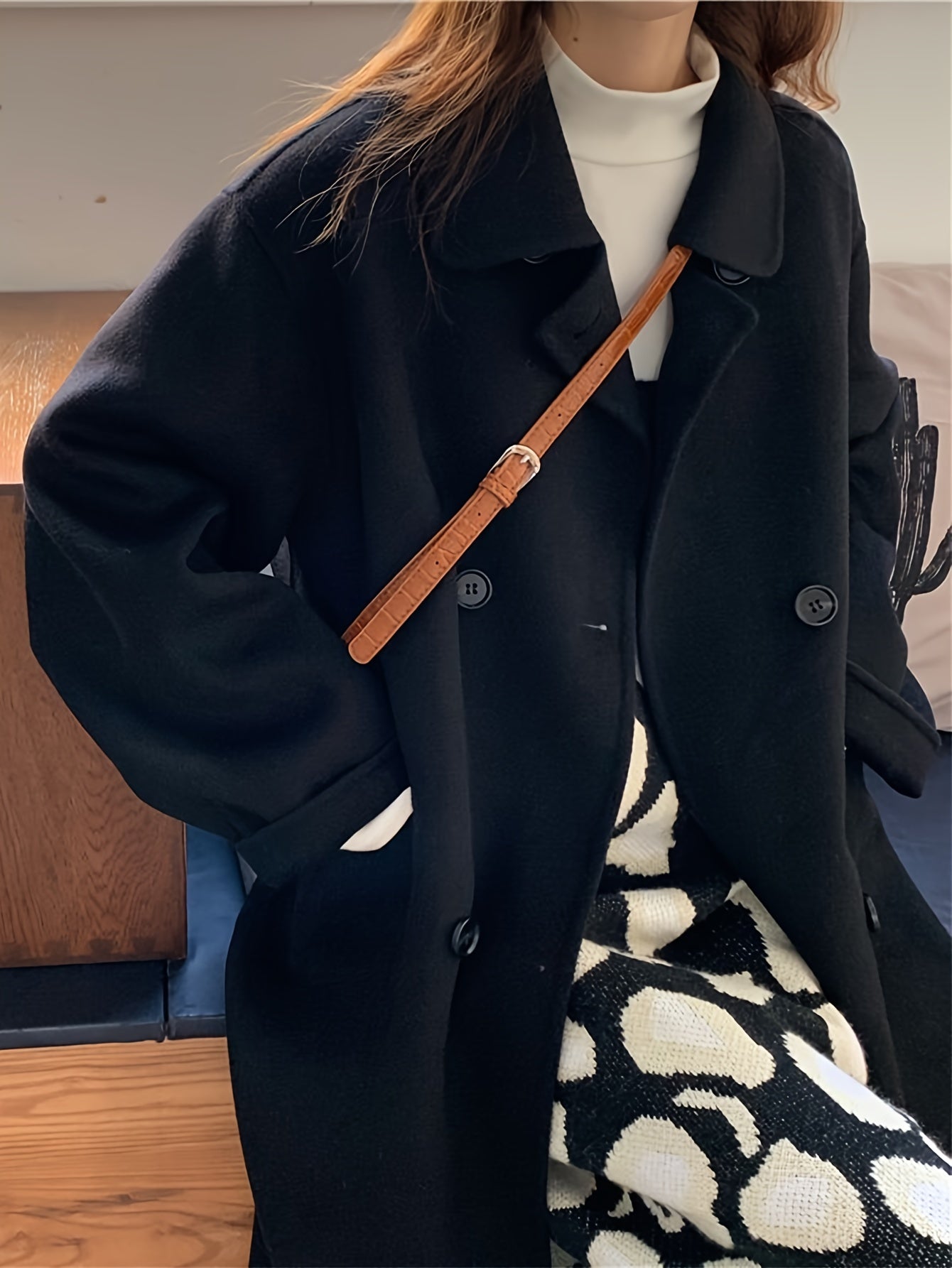 Antmvs Solid Double Breasted Pockets Overcoat, Versatile Long Sleeve Winter Warm Outwear For Fall & Winter, Women's Clothing