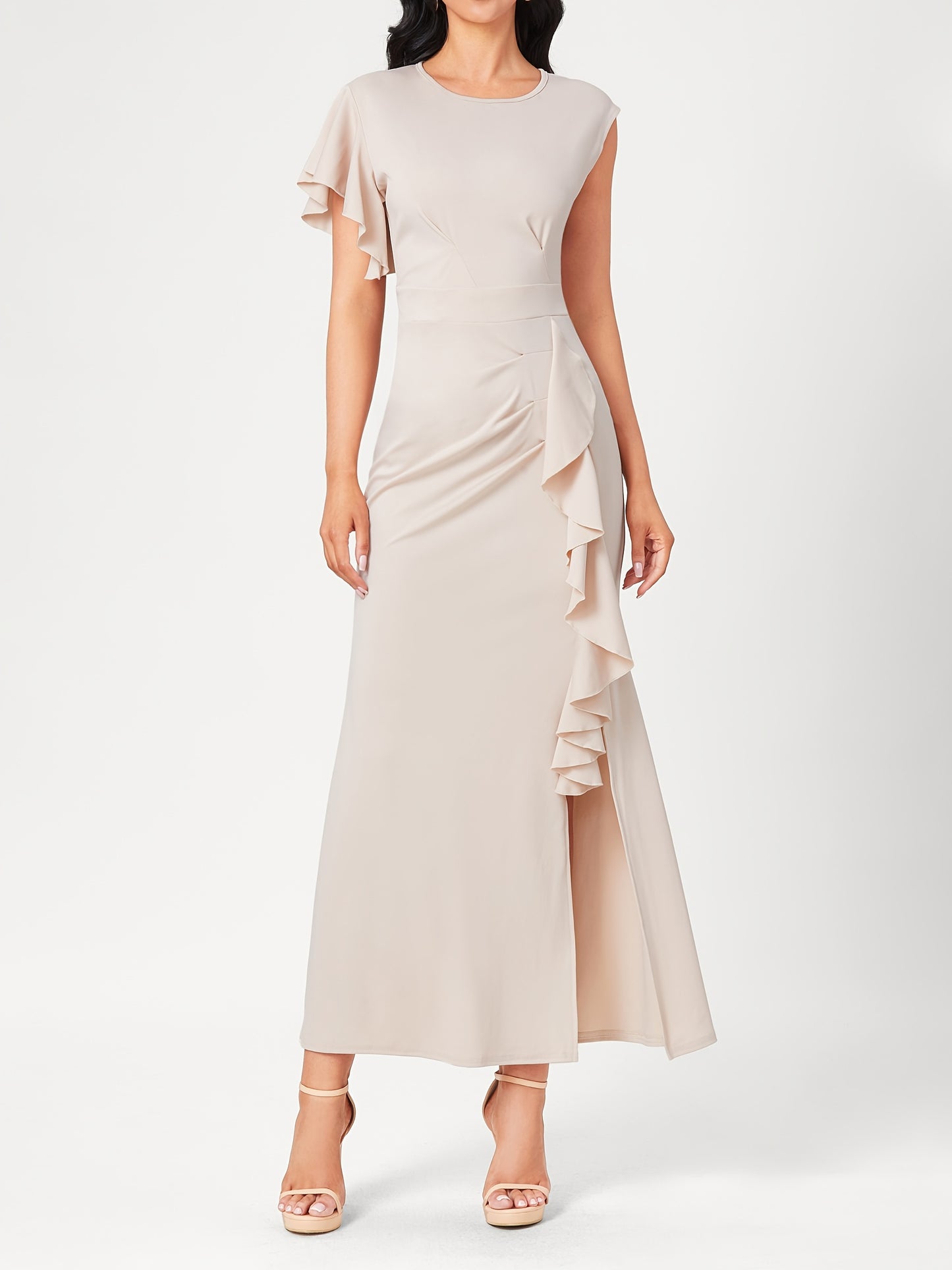Antmvs Ruffle Trim Split Asymmetrical Dress, Elegant Solid Bodycon Party Dress, Women's Clothing